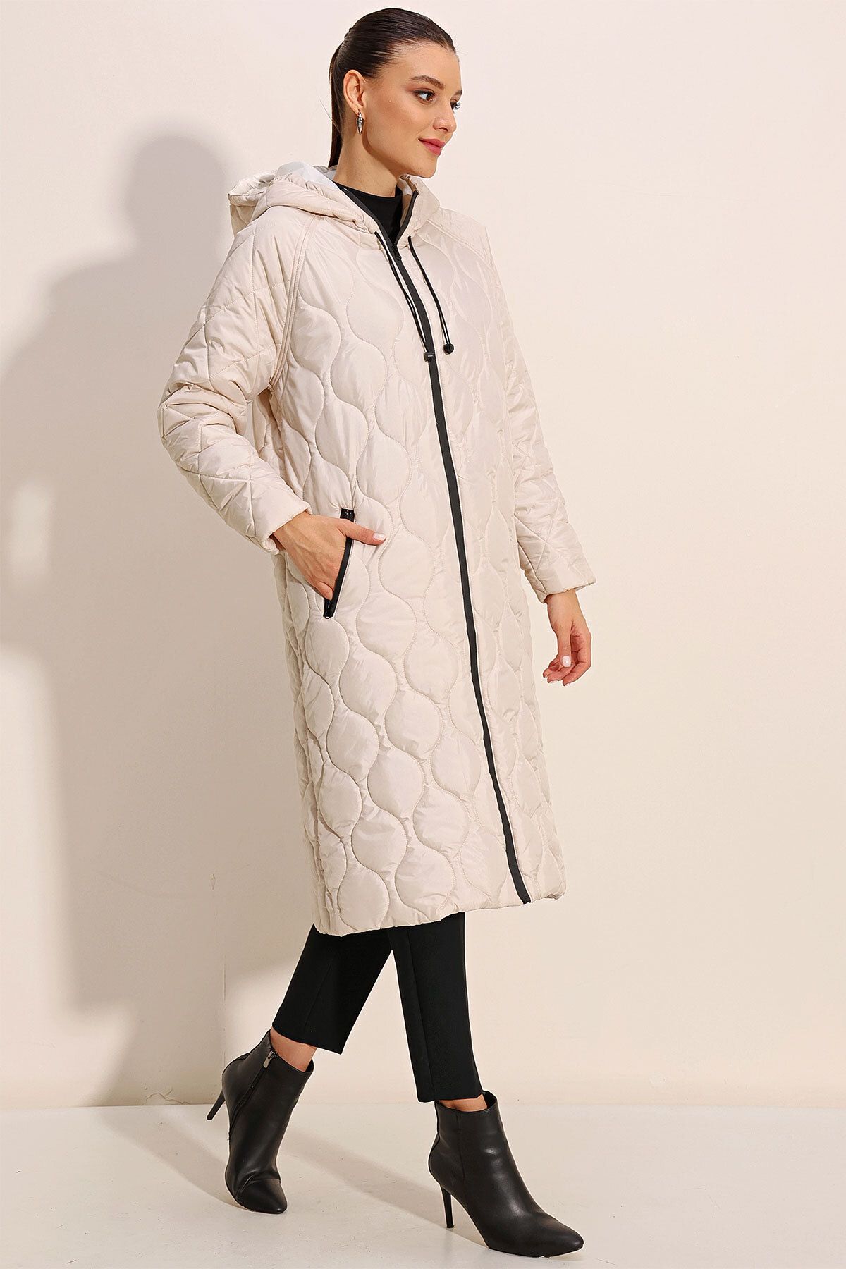 Bigdart-5177 Long Quilted Hooded Coat - Ecru 5