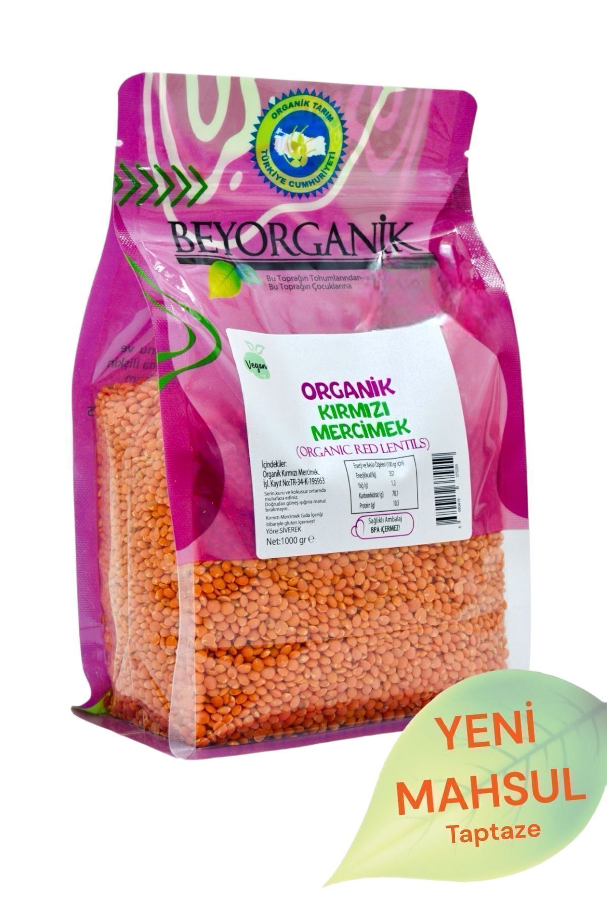 BEYORGANİK Organik Kırmızı Mercimek 1 Kg