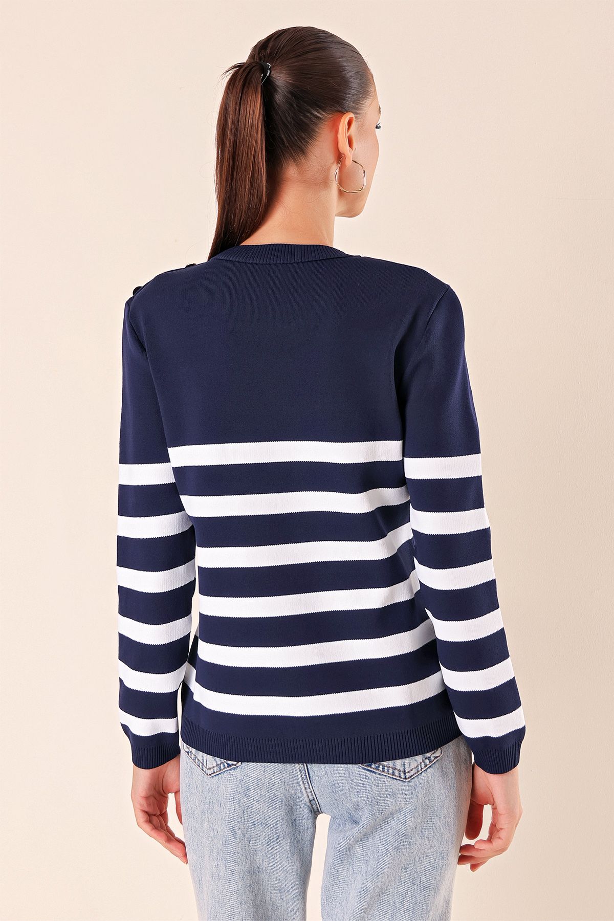 Bigdart-15820 Button Detailed Striped Sweater - Navy Blue 6