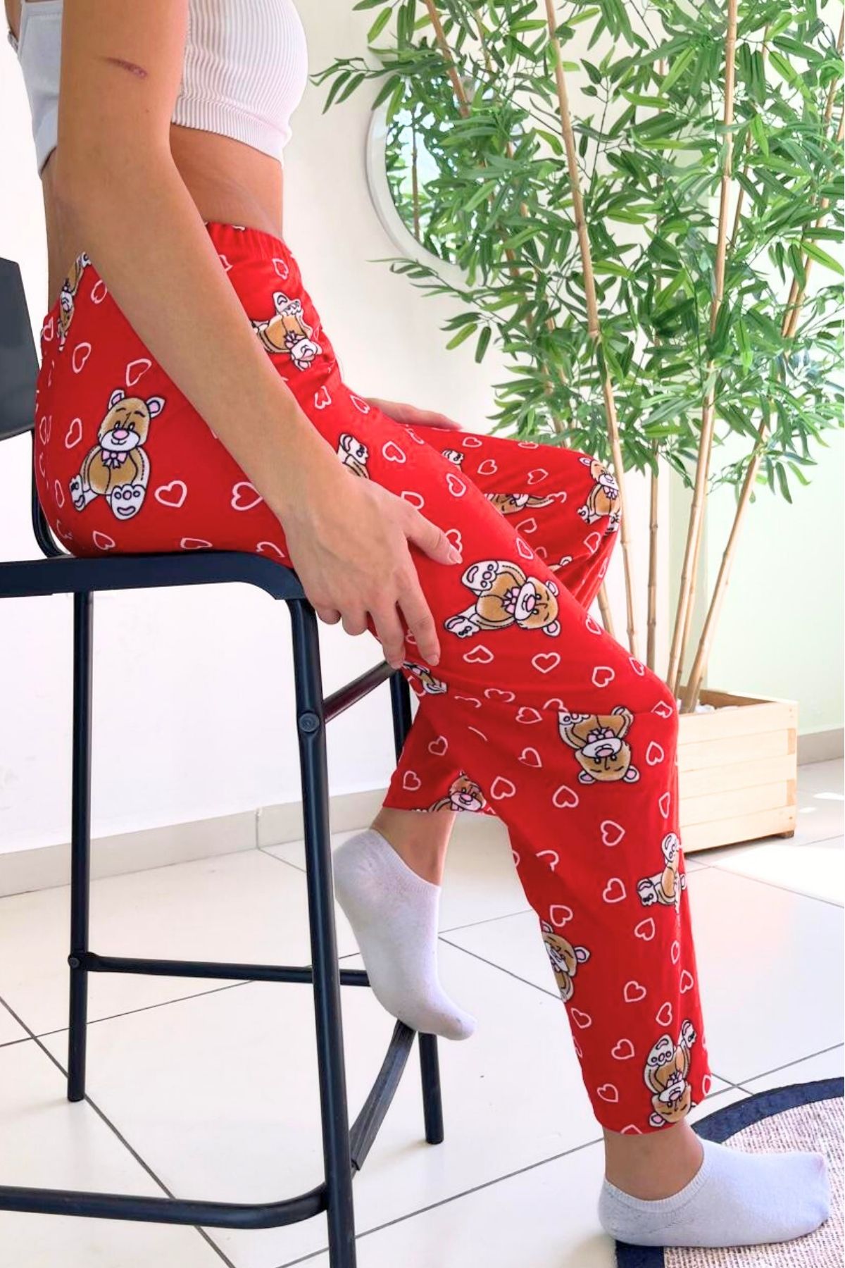 Farya Home-Pantaloni de pijama din piele intoarsa cu model de ursuleti texturat din catifea moale 2