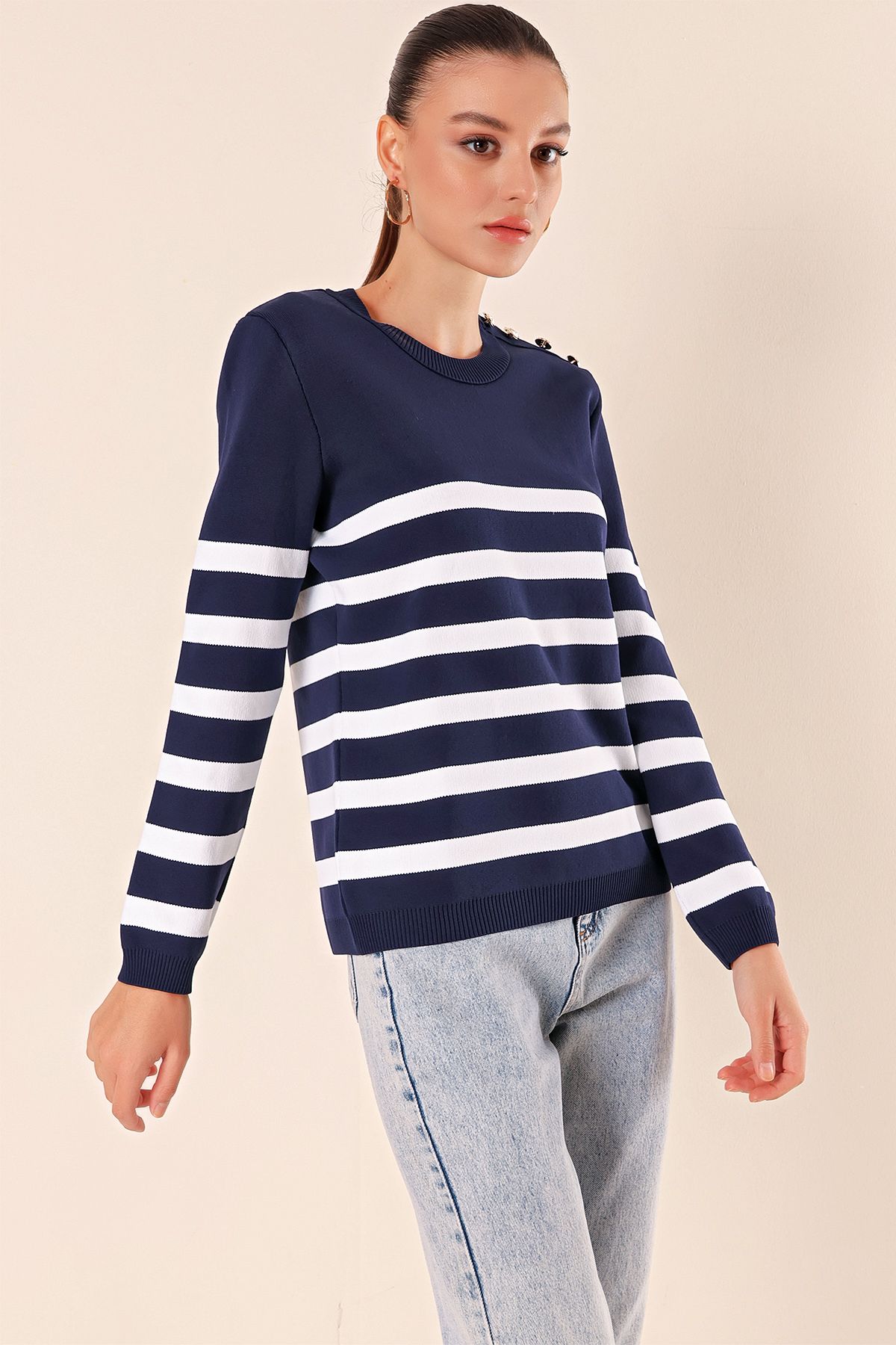 Bigdart-15820 Button Detailed Striped Sweater - Navy Blue 4