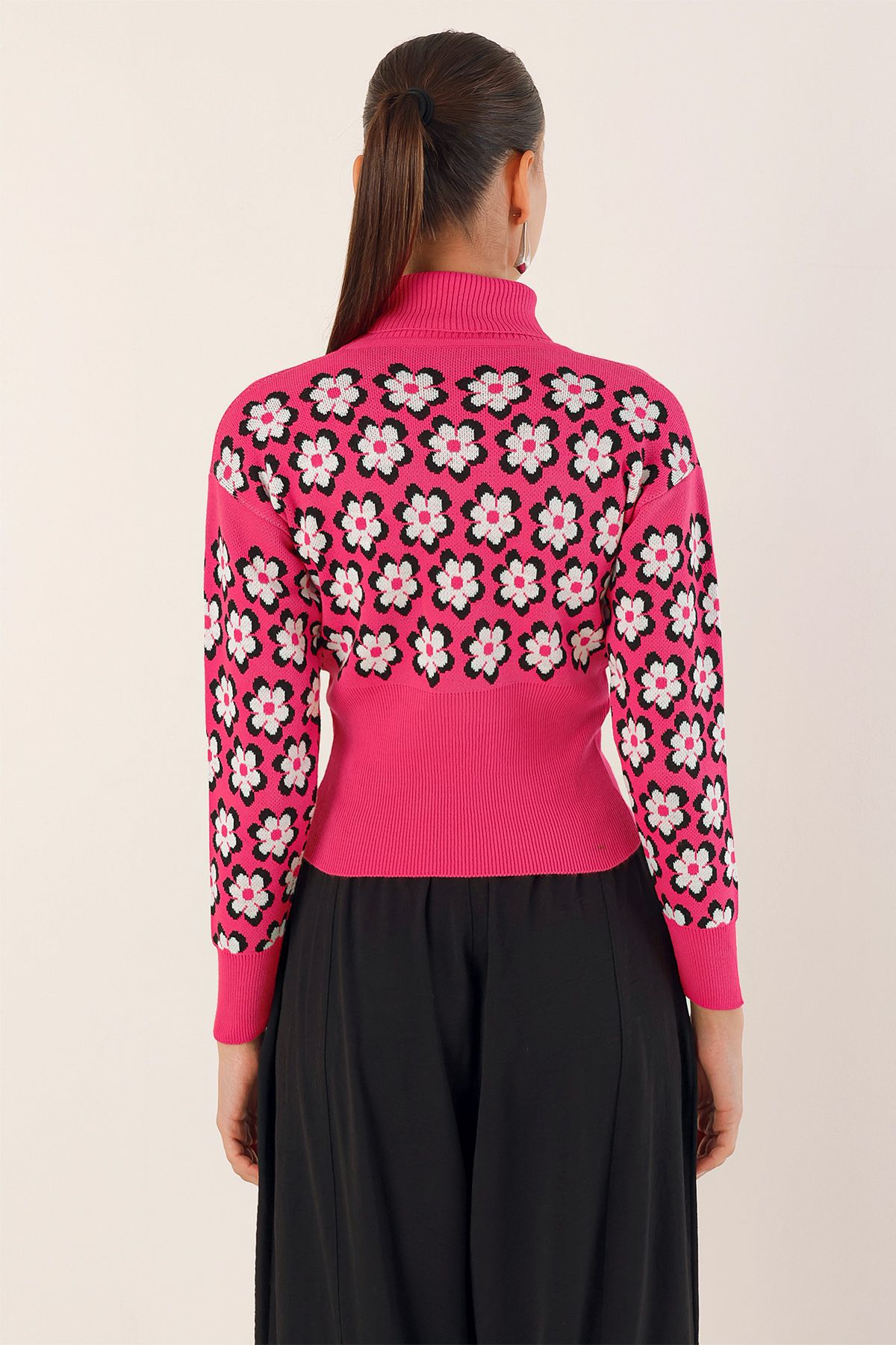 Bigdart-15801 Turtleneck Patterned Crop Sweater - Fuchsia 6