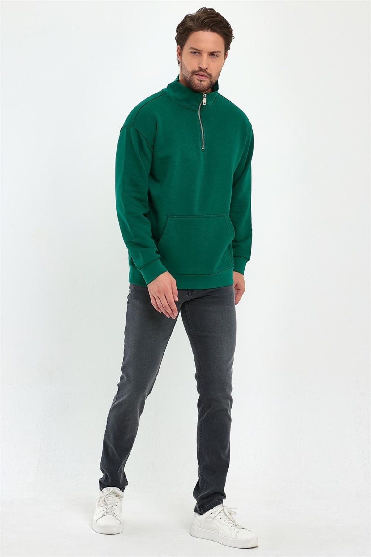 VENA-Bruce Stand Collar Half Zipper Cotton Sweatshirt - Forest 7