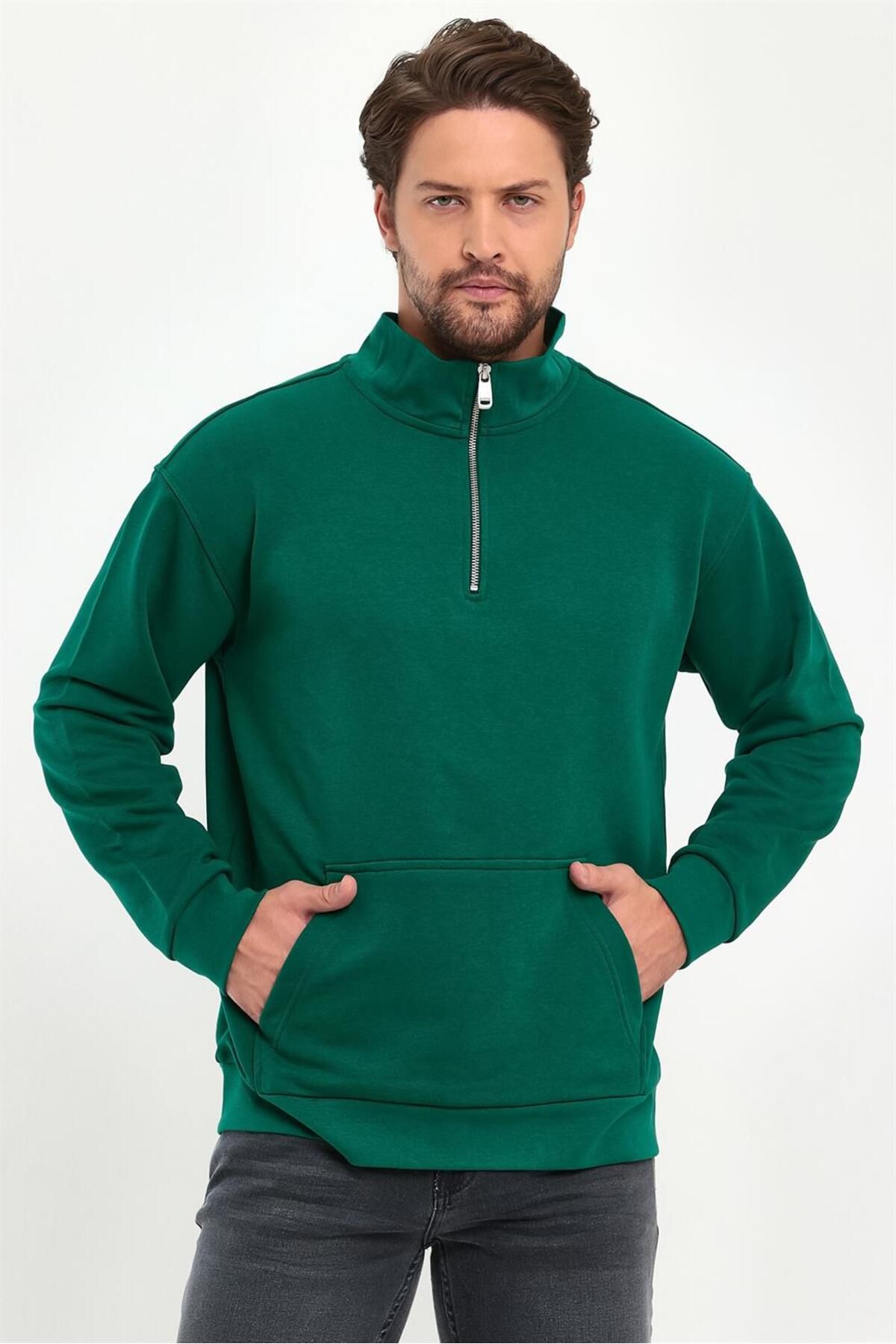 VENA-Bruce Stand Collar Half Zipper Cotton Sweatshirt - Forest 5