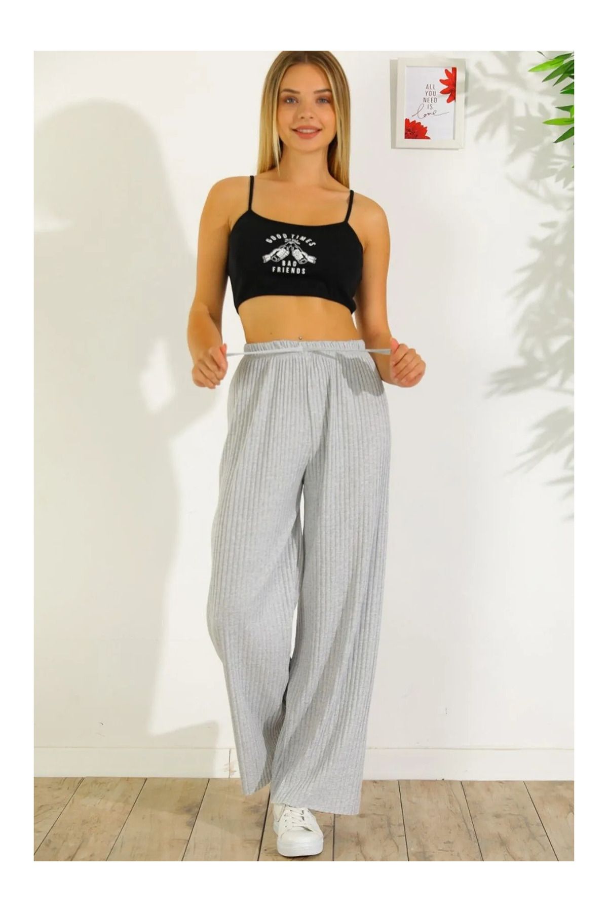 SİERNA Kadın Kışlık Kalın Fitilli Kaşkorse Pijama Altı Eşofman Altı Cepsiz Gri srn-004222