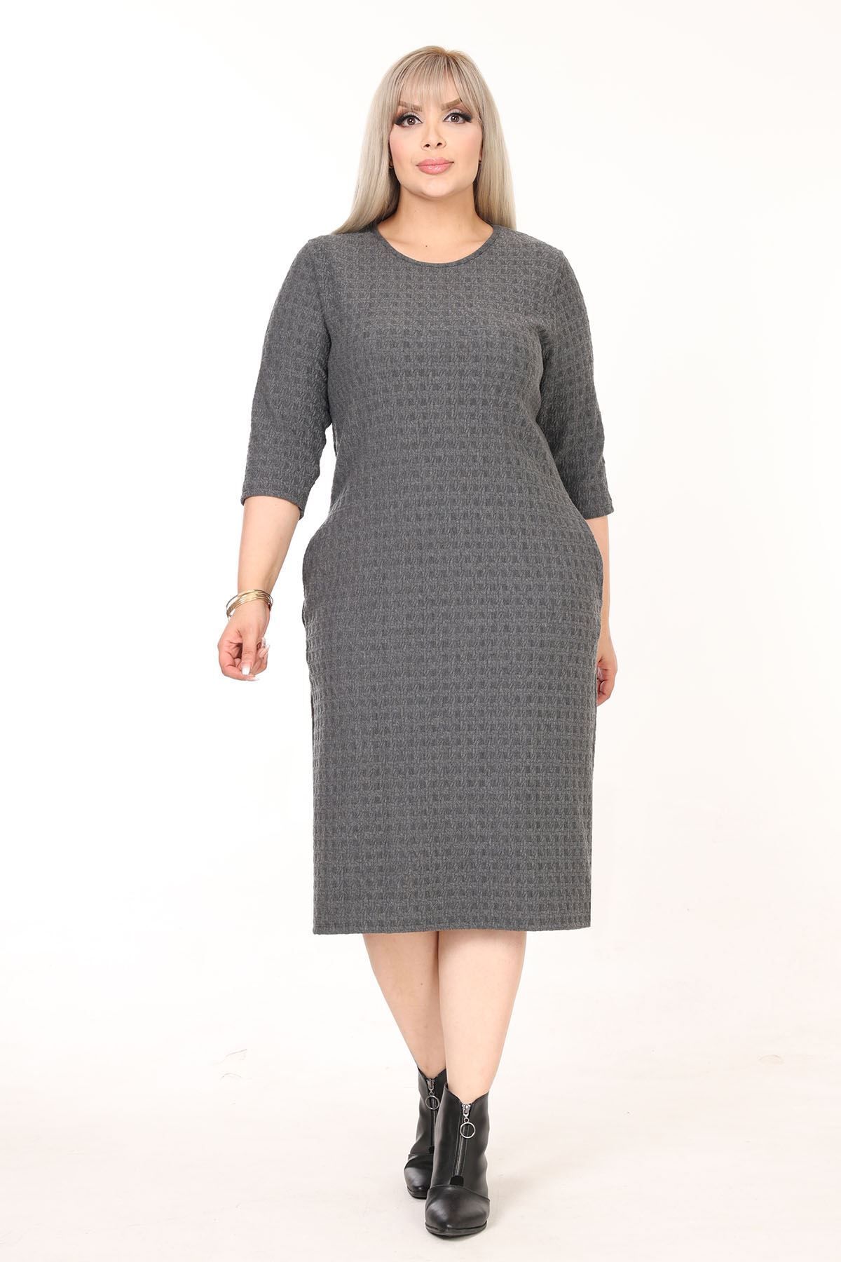 modayız-Double Pocket Winter Plus Size Dress 43C-2590 2