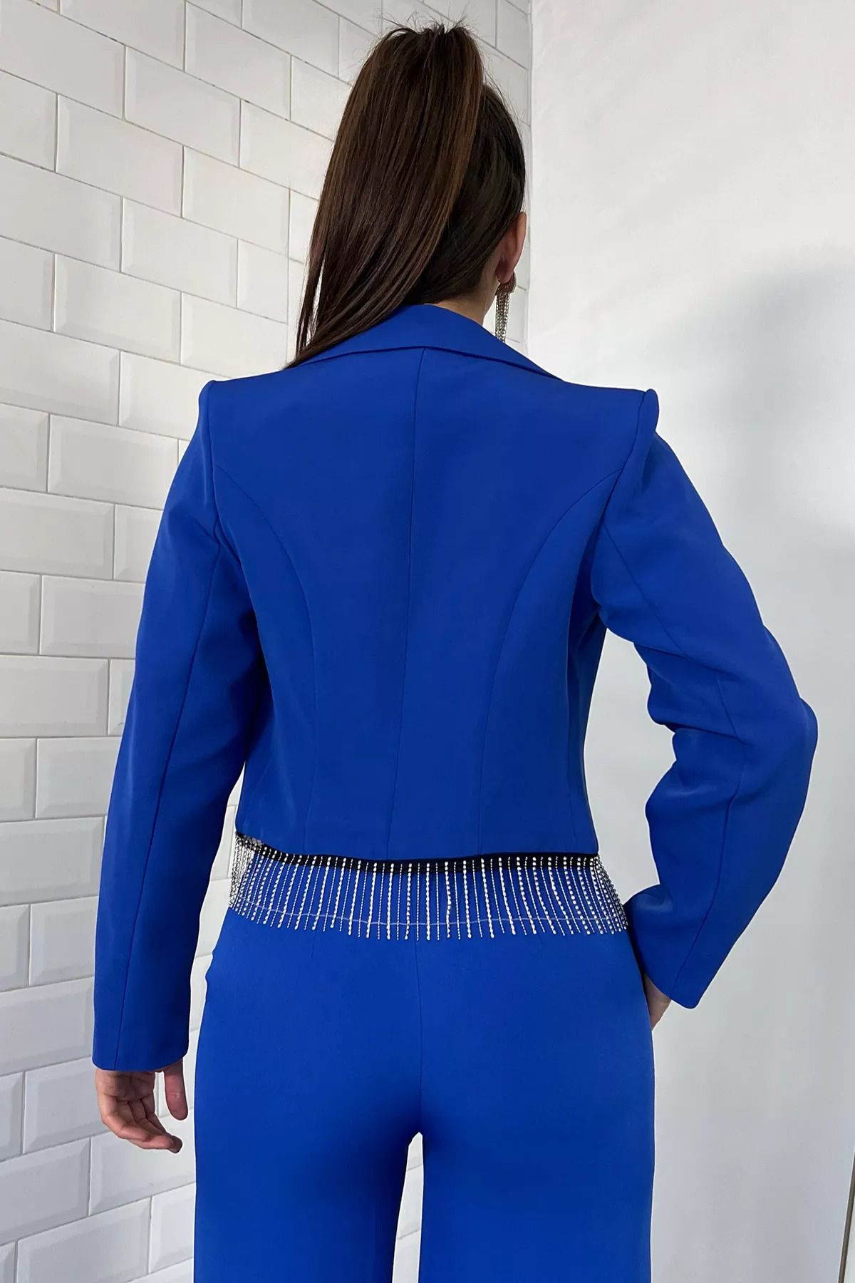 GÜLSELİ-Saks Blue Women's Leg Stoned Crop Blazer Jacket 3