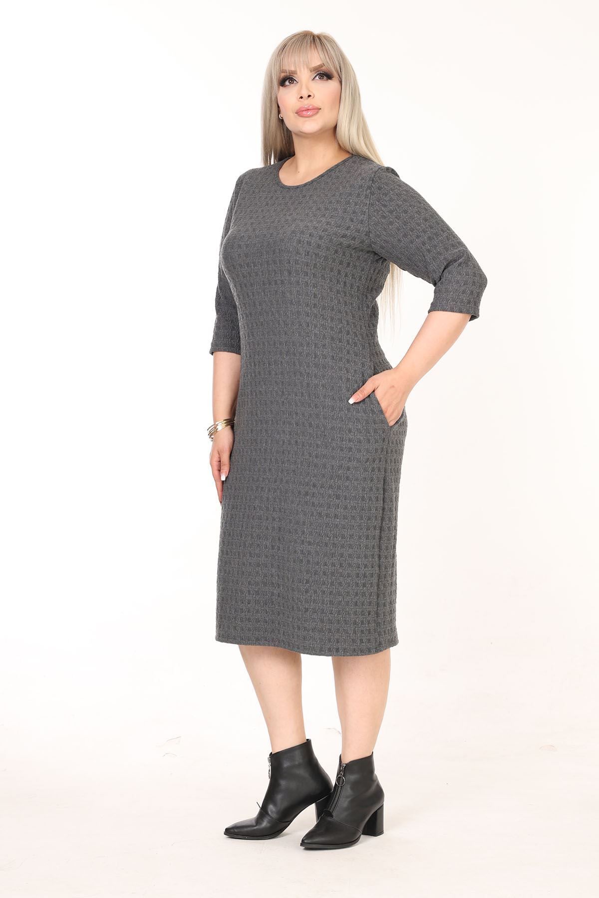 modayız-Double Pocket Winter Plus Size Dress 43C-2590 5