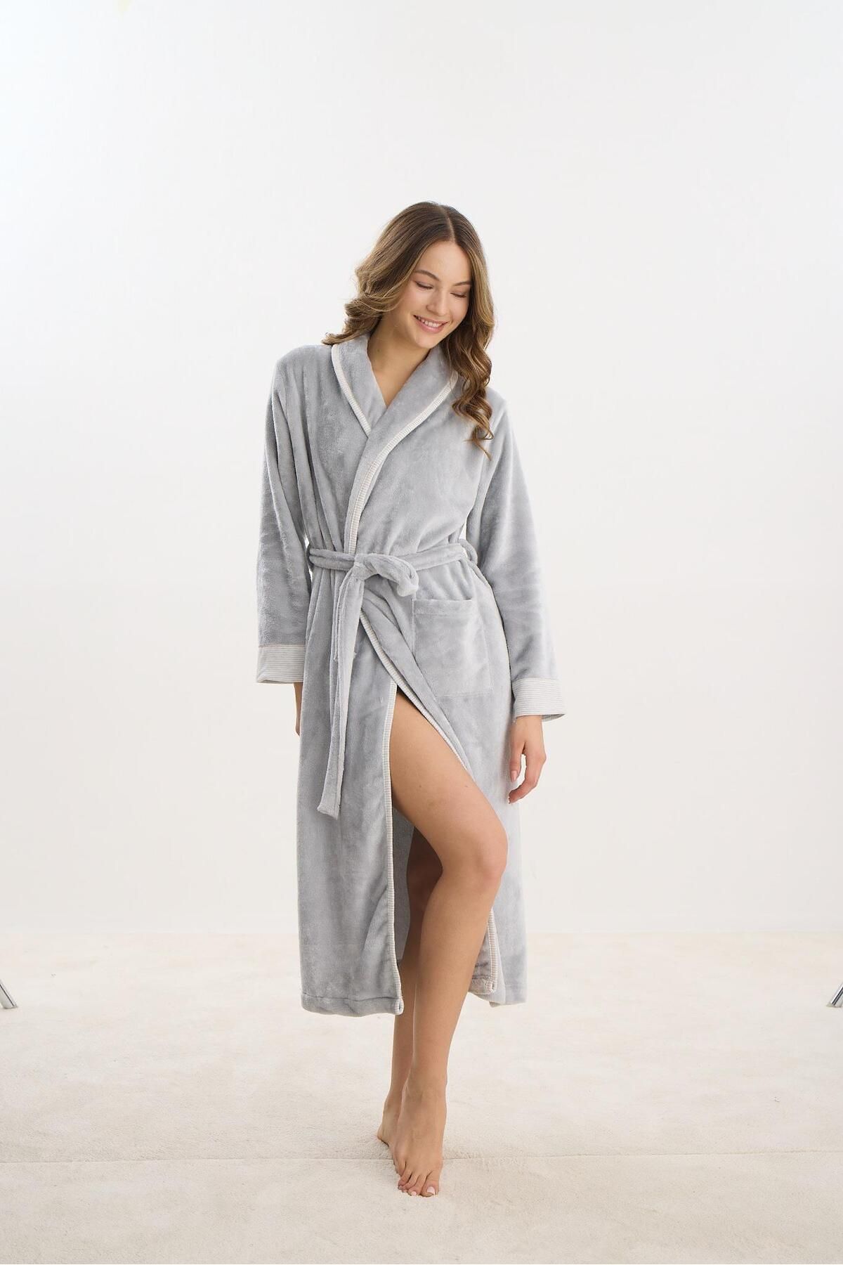 Sevim-Long Gray Super Soft Women's Dressing Gown - C9T7N2O61 1