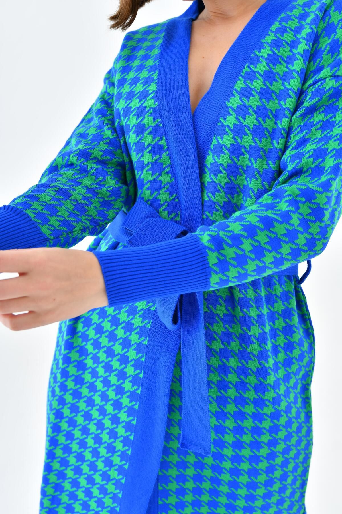 FTZ WOMEN-Dámský Houndstooth vzorovaný knoflík s detailním dlouhým svetříkem Saks Blue 20528 3