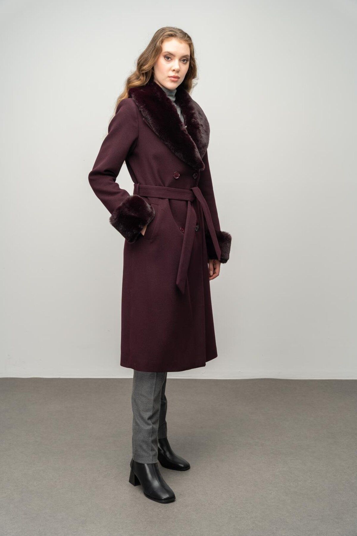 Olcay-Double Breasted Coat - Detachable Fur and Intermediate Length, DAMSON 3043 6