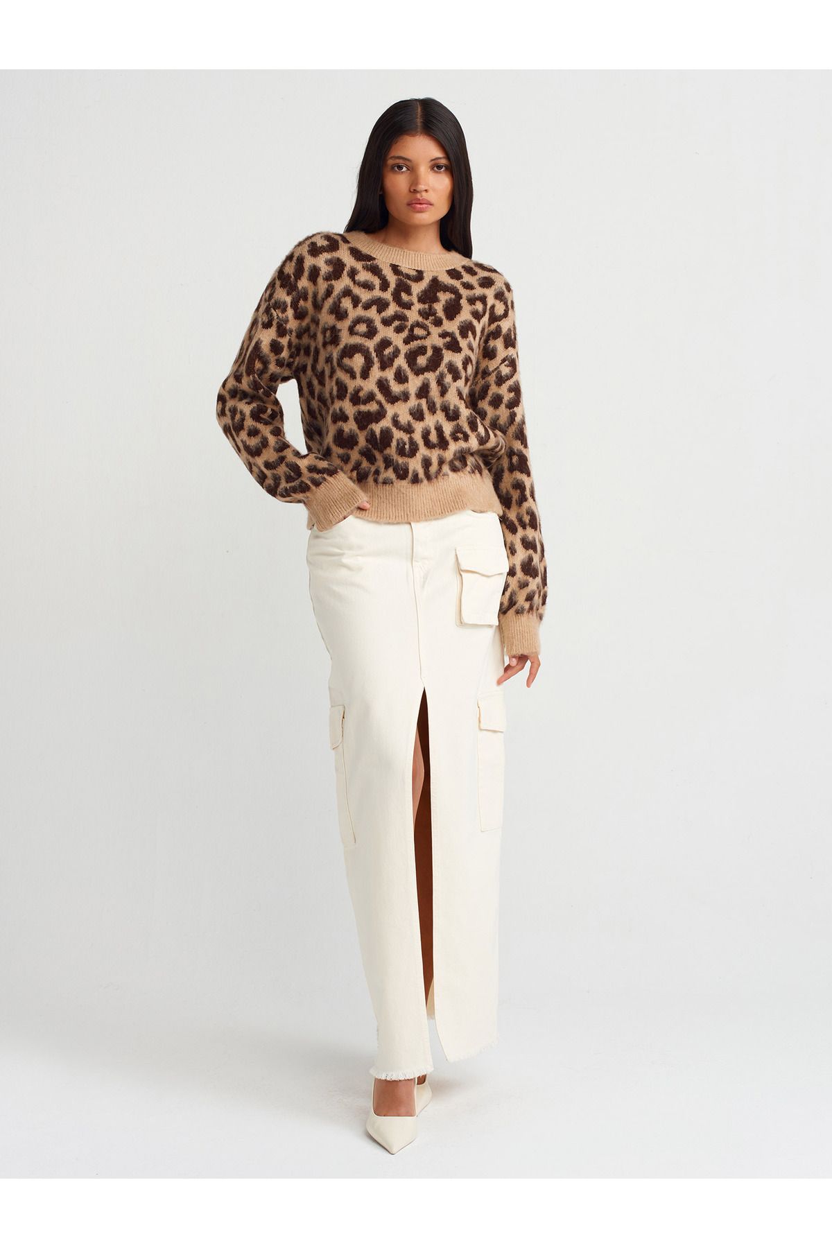 ژاکت بافتنی Dilvin 10632 Crew Neck Leopard رزگلد-بژ تیره