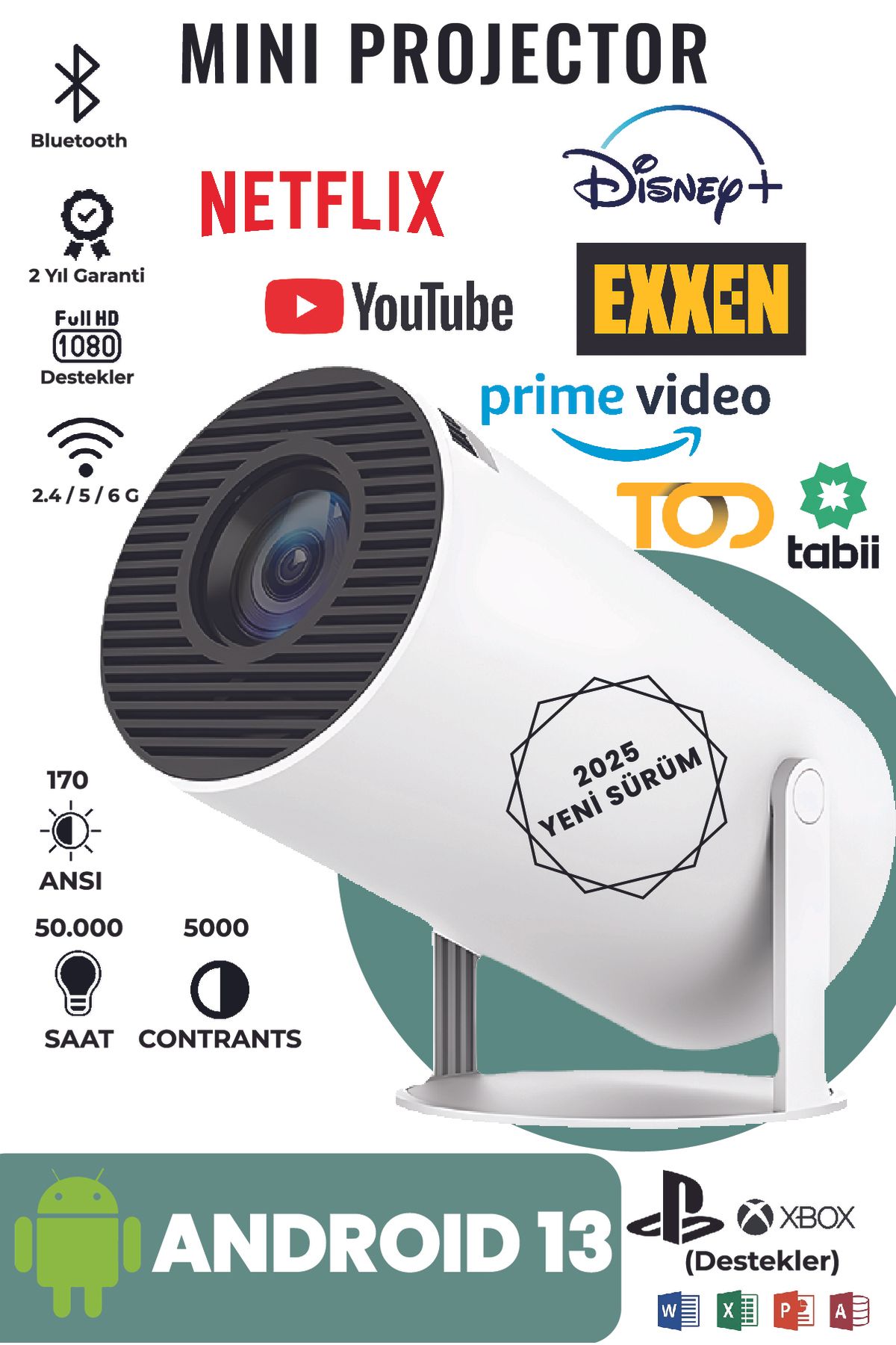 MINI PROJECTOR NEW MINI 2025 Android 13 1280*720p Taşınabilir Ev Sinema Projektörü Smart Sürüm