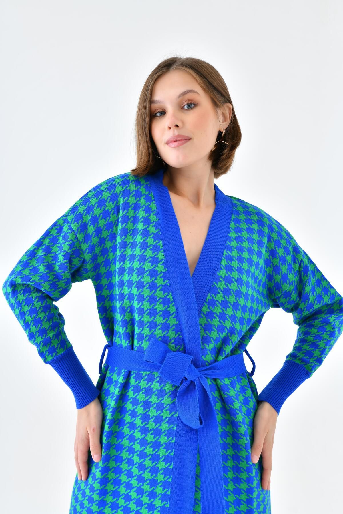 FTZ WOMEN-Dámský Houndstooth vzorovaný knoflík s detailním dlouhým svetříkem Saks Blue 20528 2