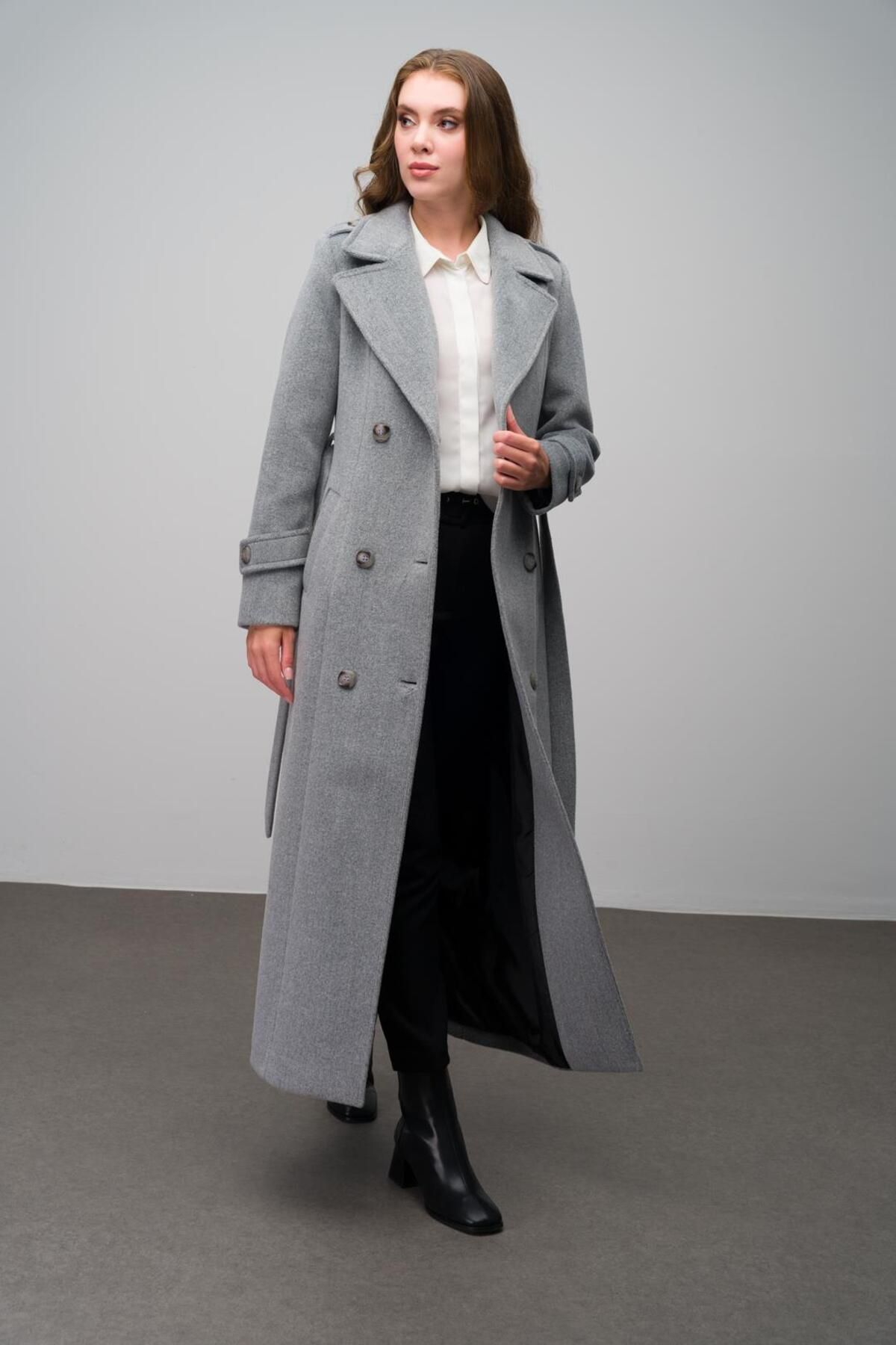 Olcay-Long Length Double Breasted Coat - Epaulet Detailed, GREY 3056 5