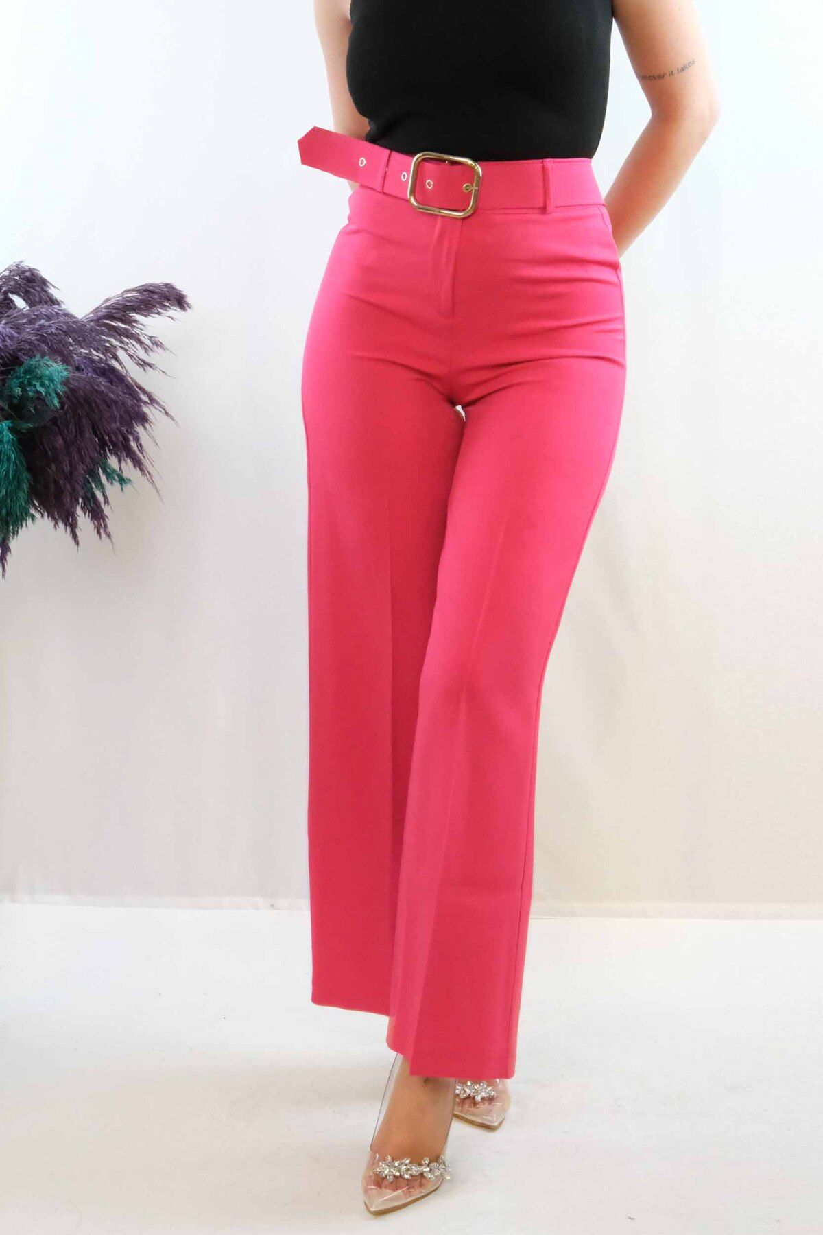 ZenWave BSMA Moda Çizgi Kemerli Pantolon Pembe