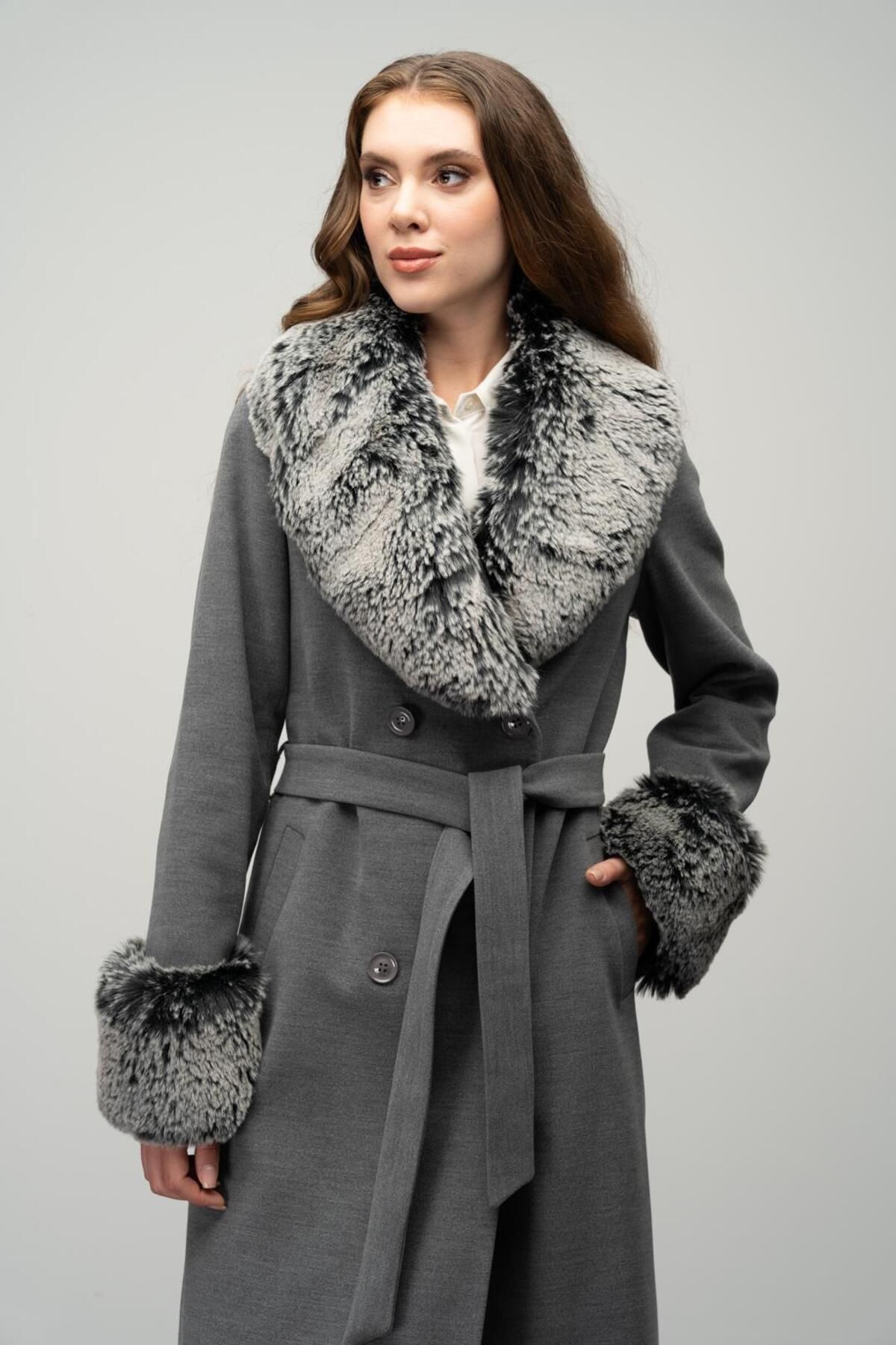 Olcay-Double Breasted Coat - Detachable Collar and Sleeves, Intermediate Length, Gray 3043 2