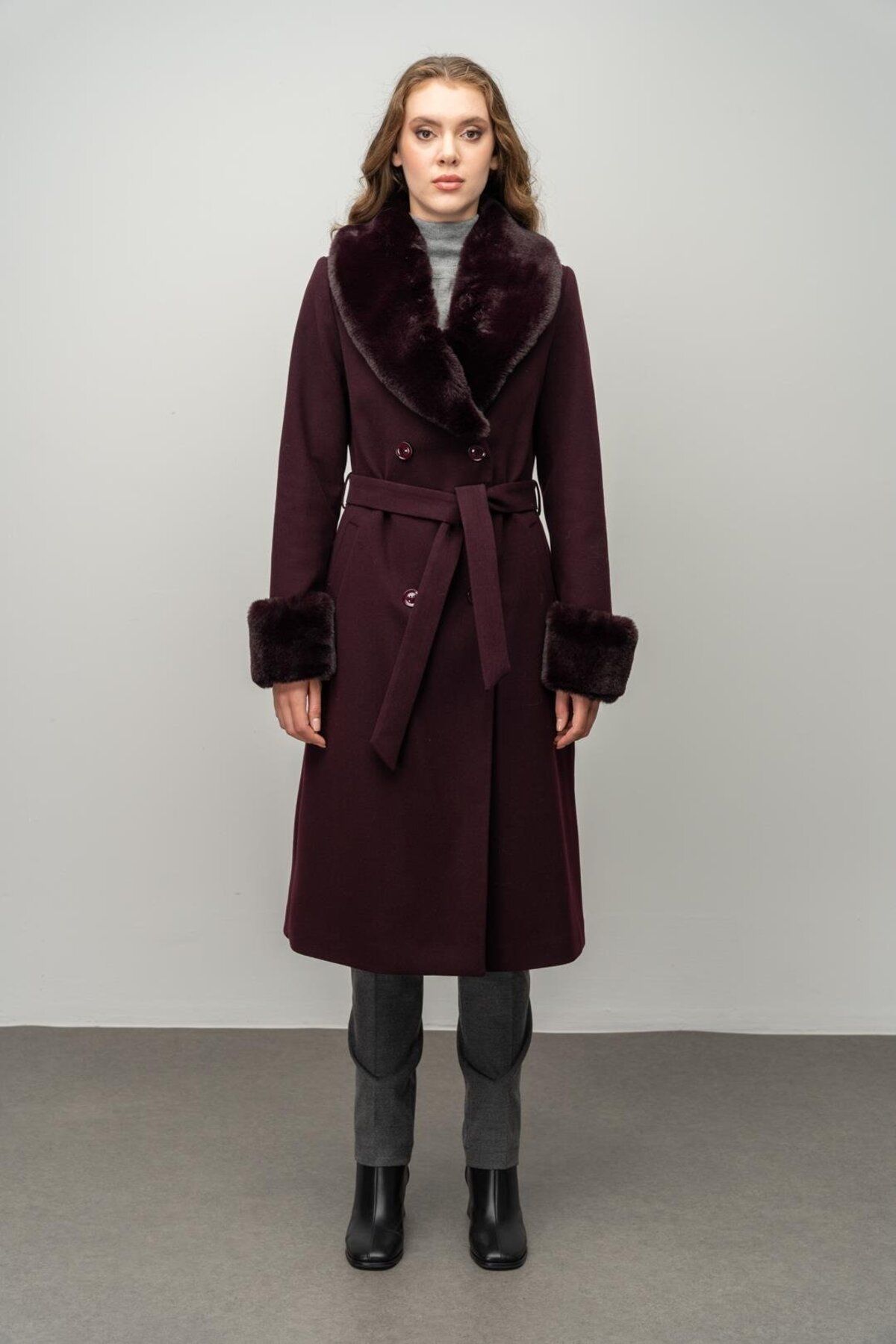 Olcay-Double Breasted Coat - Detachable Fur and Intermediate Length, DAMSON 3043 3