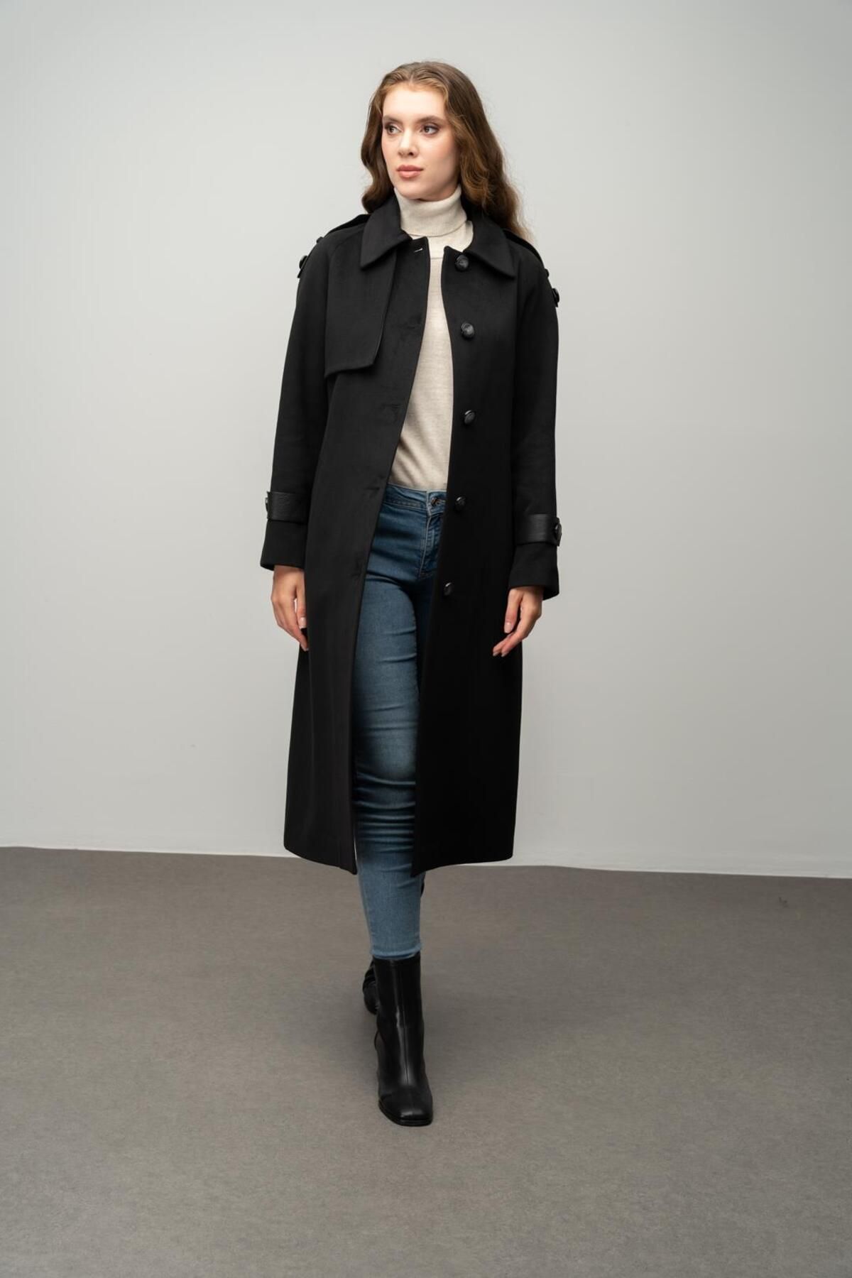 Olcay-Black Cashmere Coat - Genuine Leather, Intermediate Length, Waist Tied 3030-K 4