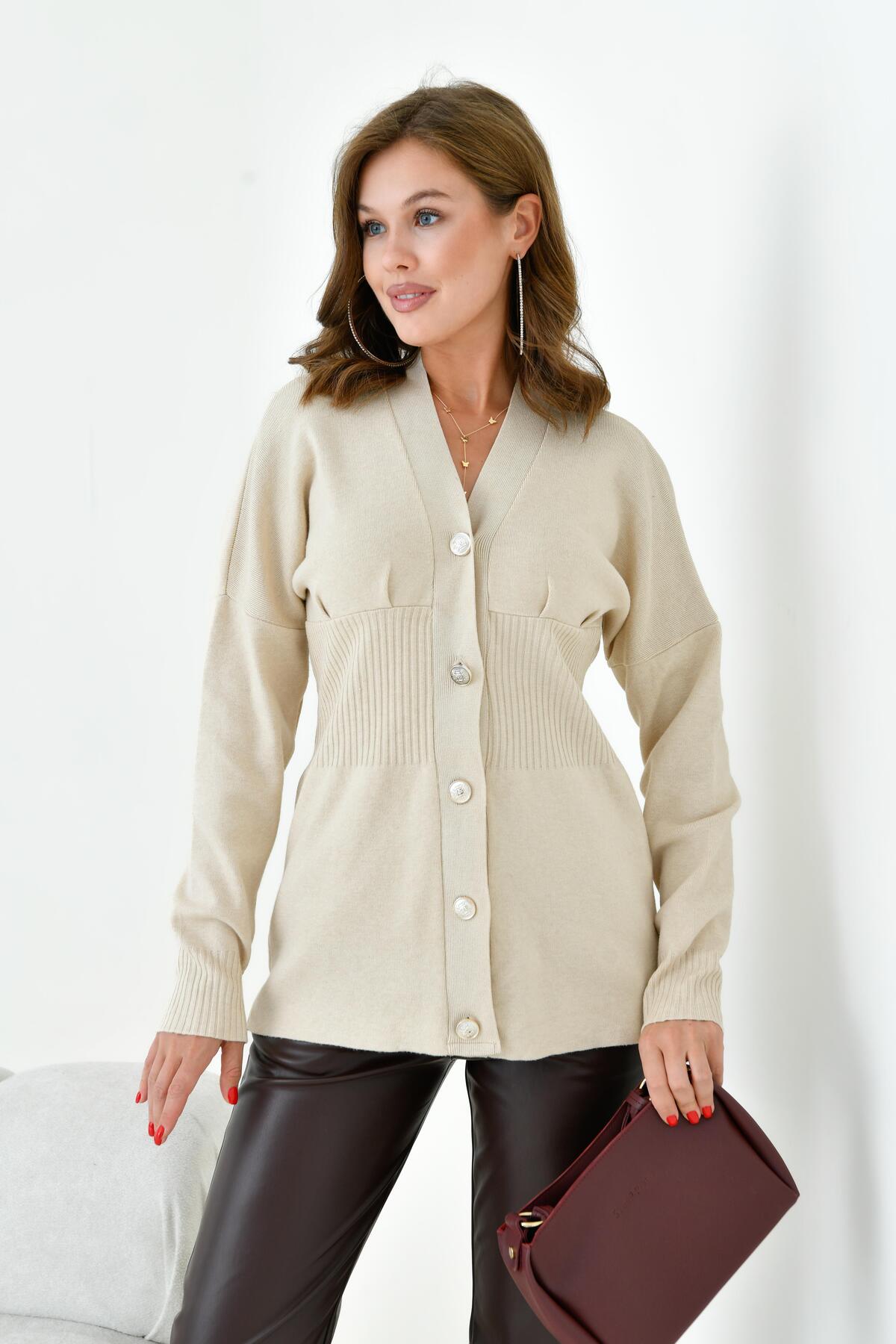 FTZ WOMEN  Kadın Düğme Detaylı Hırka Bej 20910 - Görsel 4