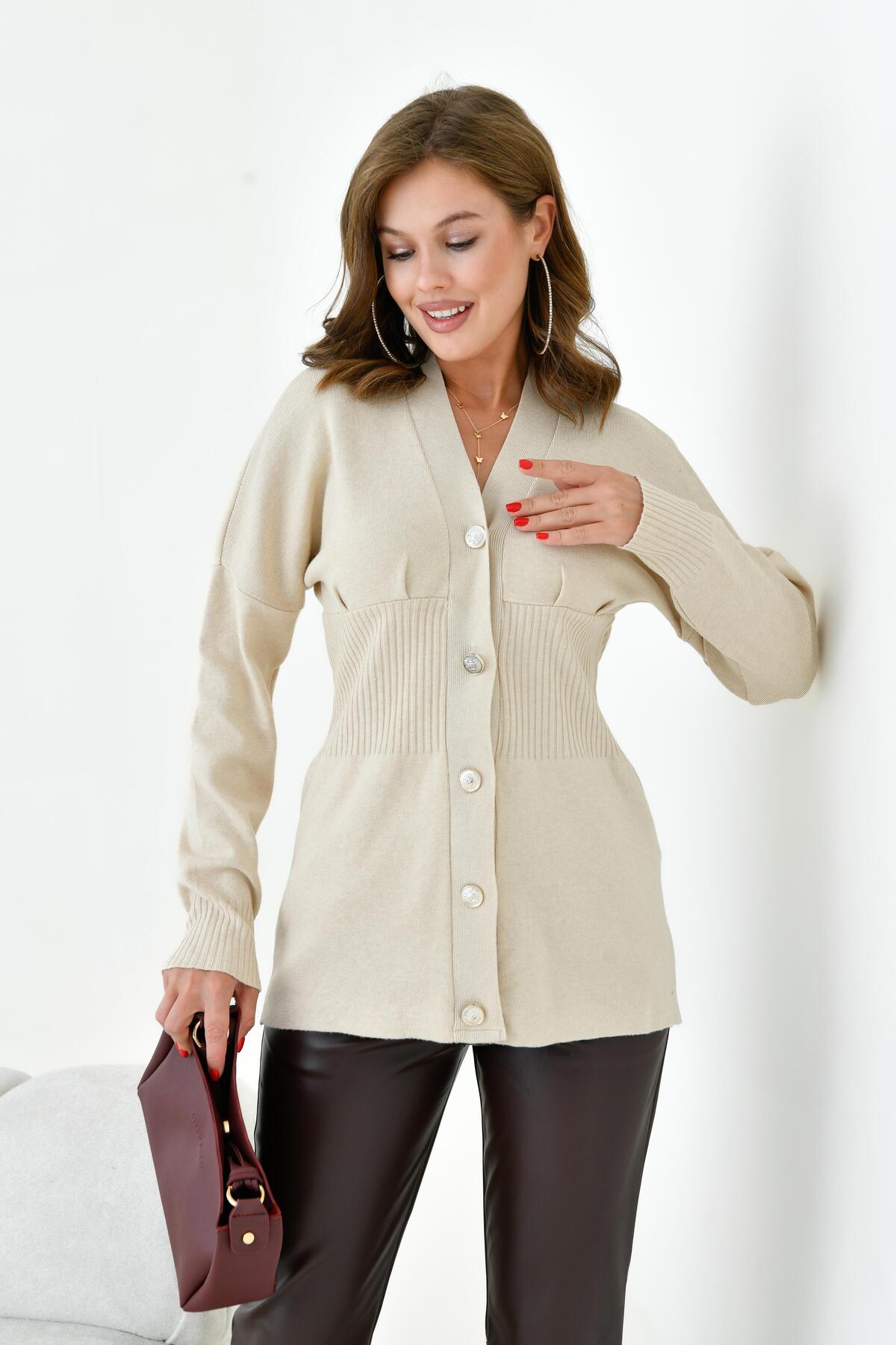 FTZ WOMEN  Kadın Düğme Detaylı Hırka Bej 20910 - Görsel 3