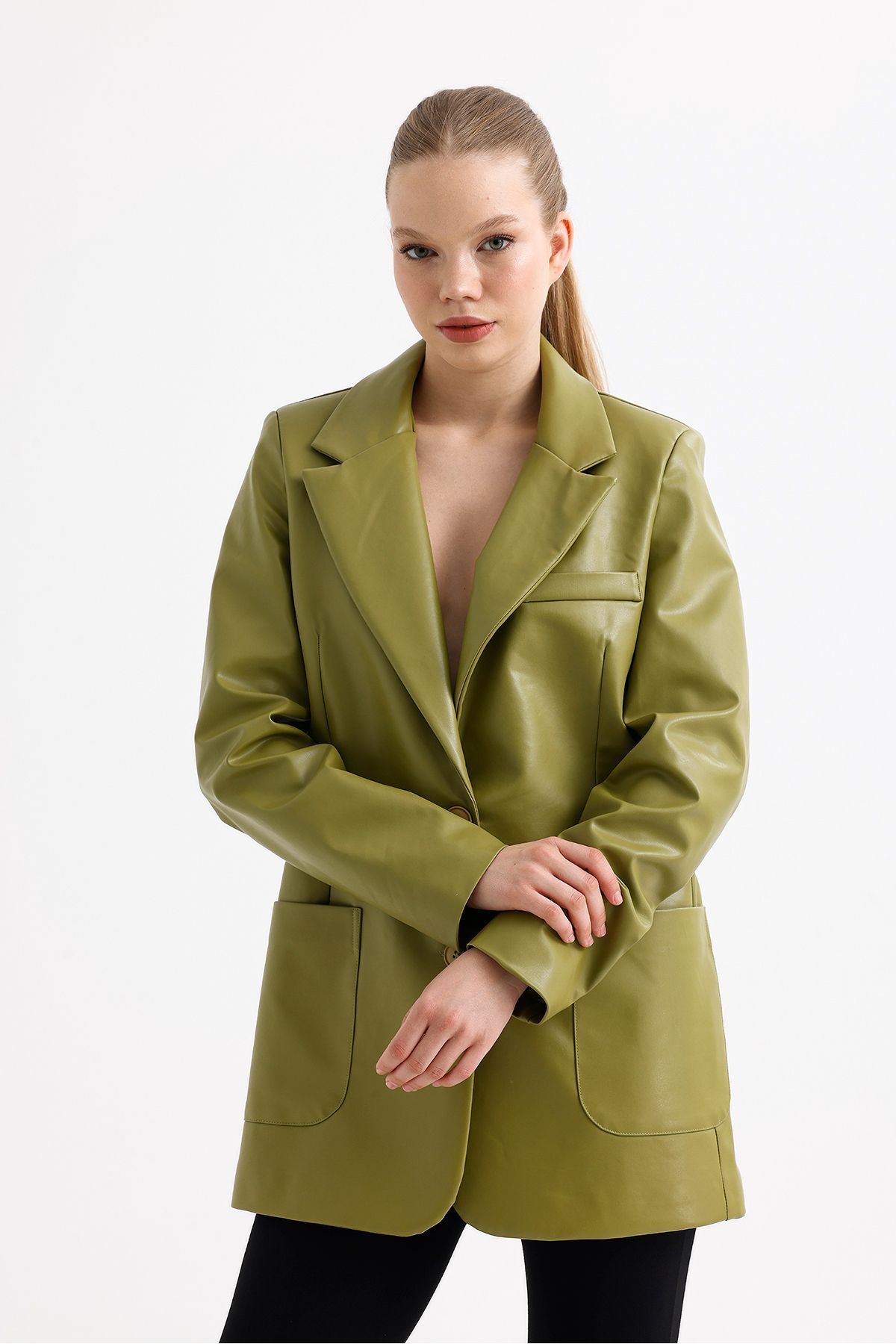 Sense-Women's Faux Leather Jacket |   Ckt33554 Oil Green 2