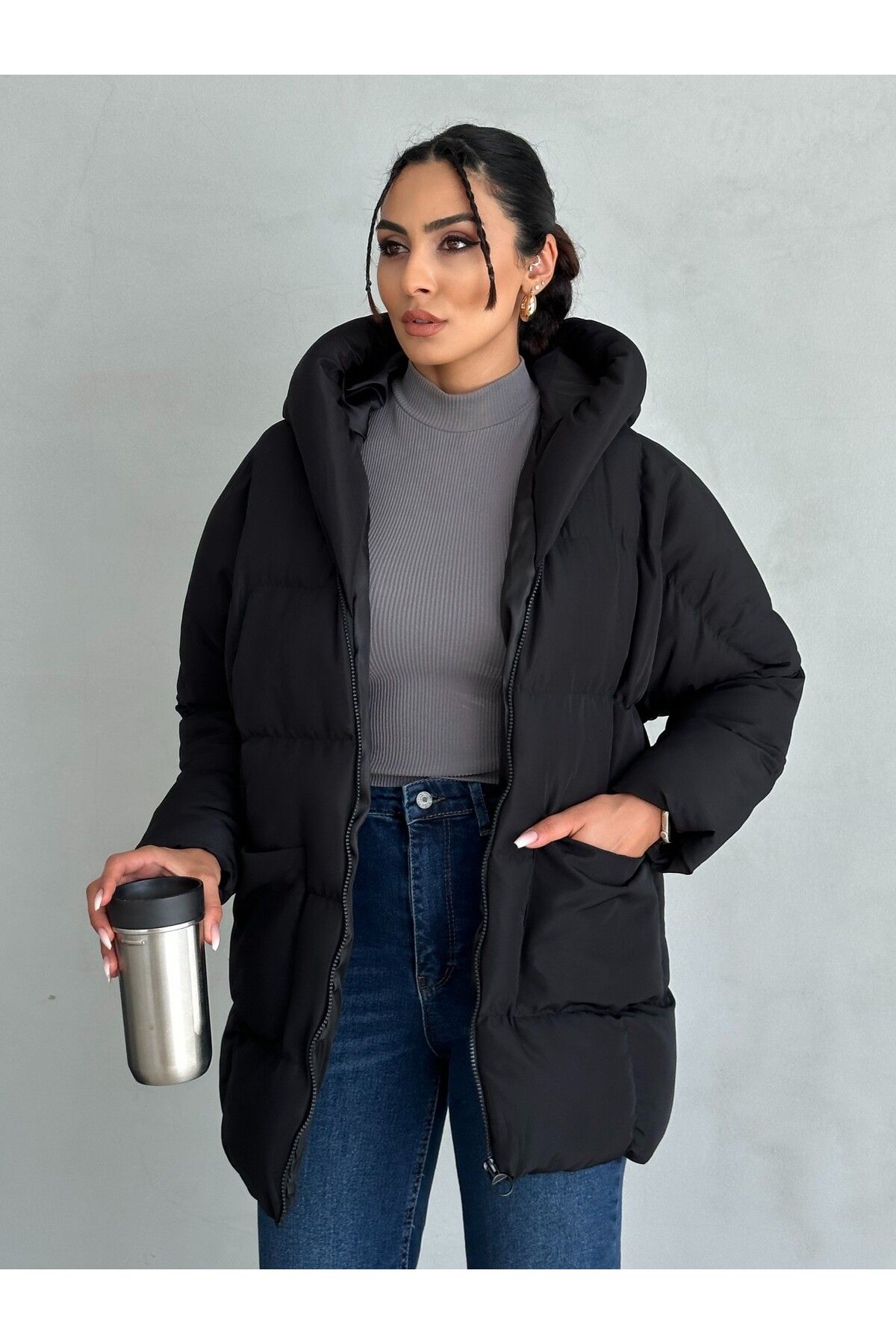 moda armanc Puffer Yarasa Şişme Siyah Oversize Mont