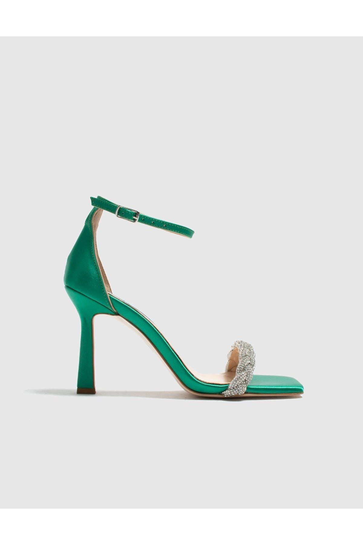 İLVİ-Apirka Genuine Leather Satin Women's Green Heeled Sandals 3