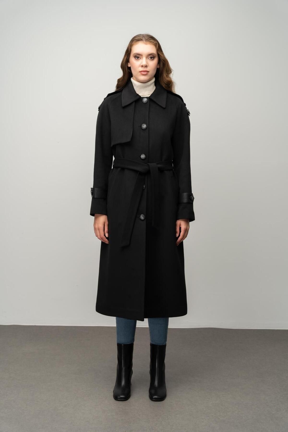 Olcay-Black Cashmere Coat - Genuine Leather, Intermediate Length, Waist Tied 3030-K 3