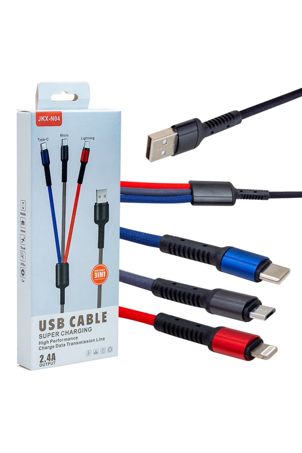 TİMİON JKX-44 USB TO MICRO USB TYPE-C LIGHTNING 3LÜ 2.4 AMPER SARJ KABLOSU (5148)