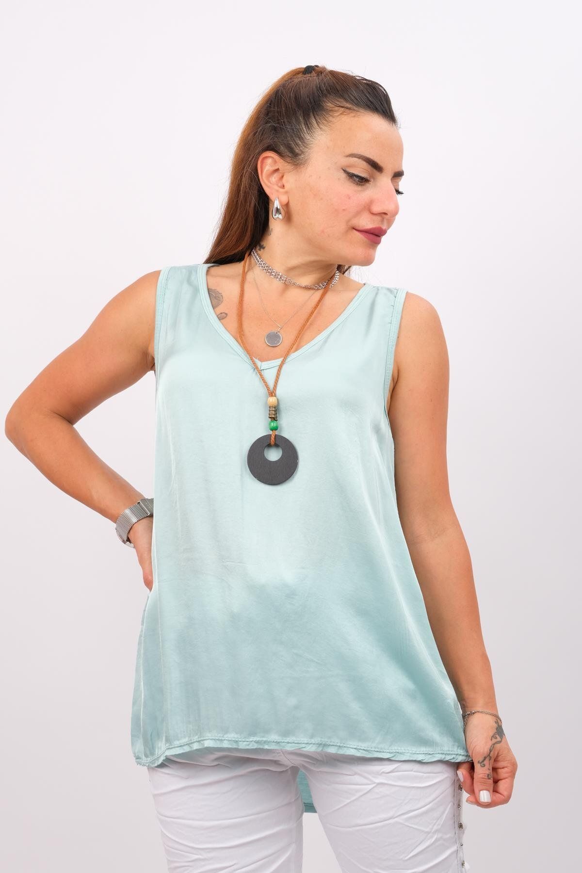 Modalook-Mint Colored Satin V-Neck Sleeveless Blouse 1