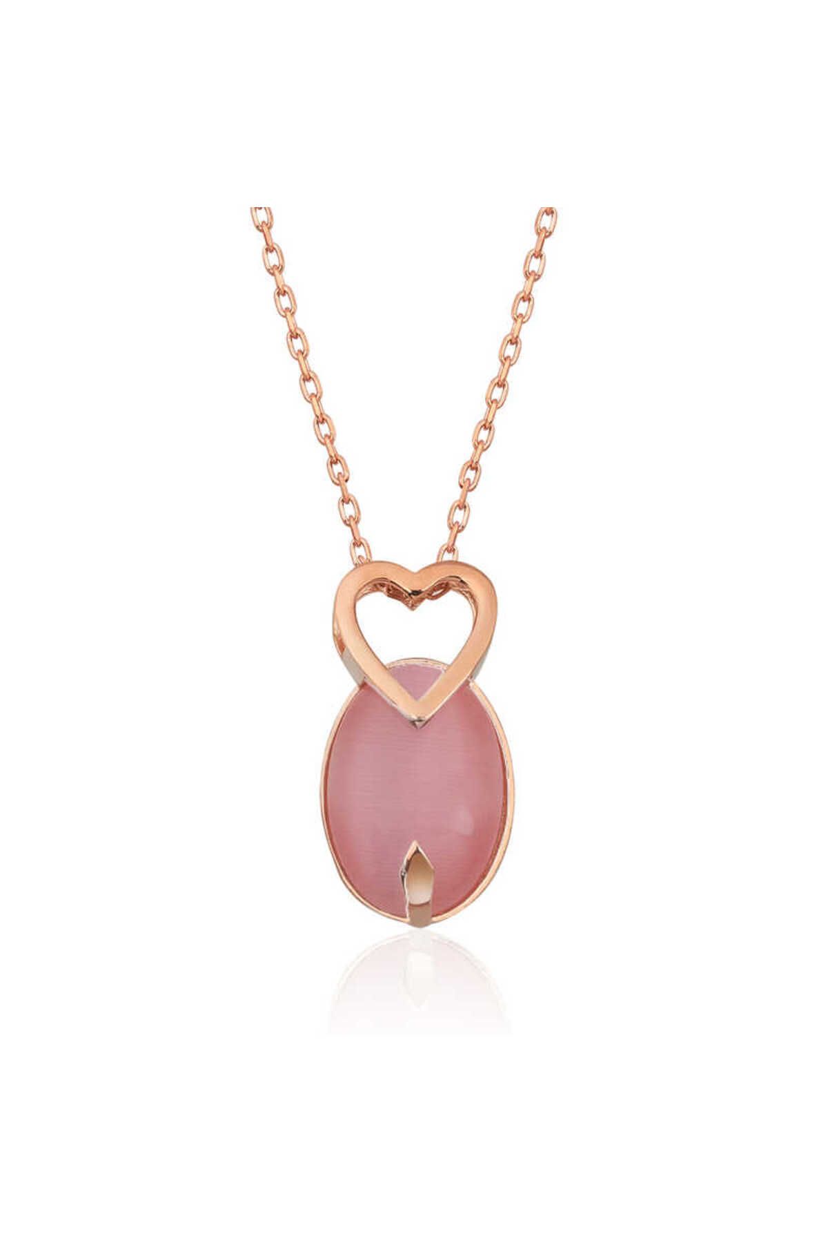 BAZAARİO 925 Ayar Gümüş Pembe Kedi Gözü Taşlı Kalp Kolye