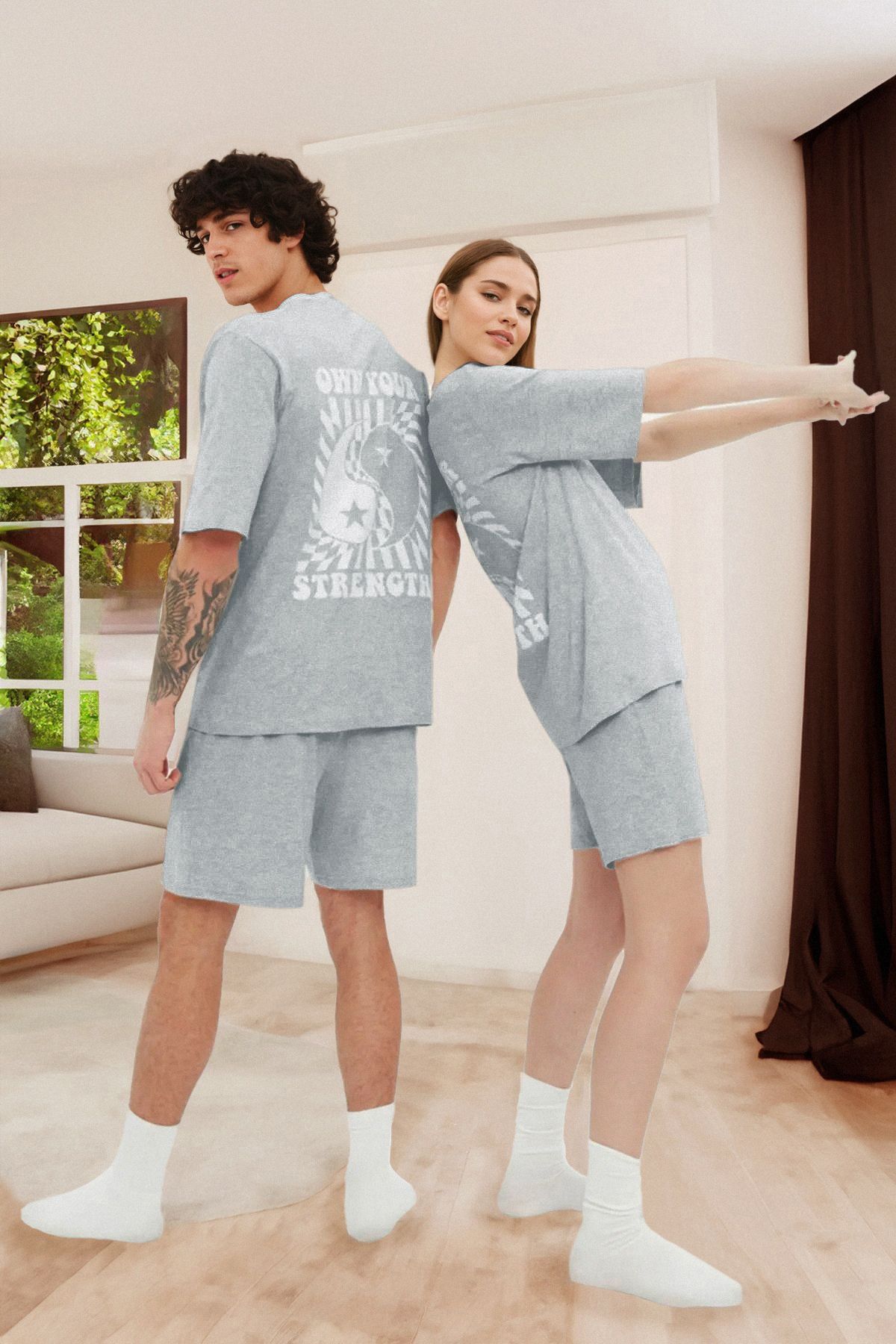 Trendyol Collection Unisex Szary Slogan 100% Bawełna Piżama Set - Koszulka I Szorty Kobieta - M