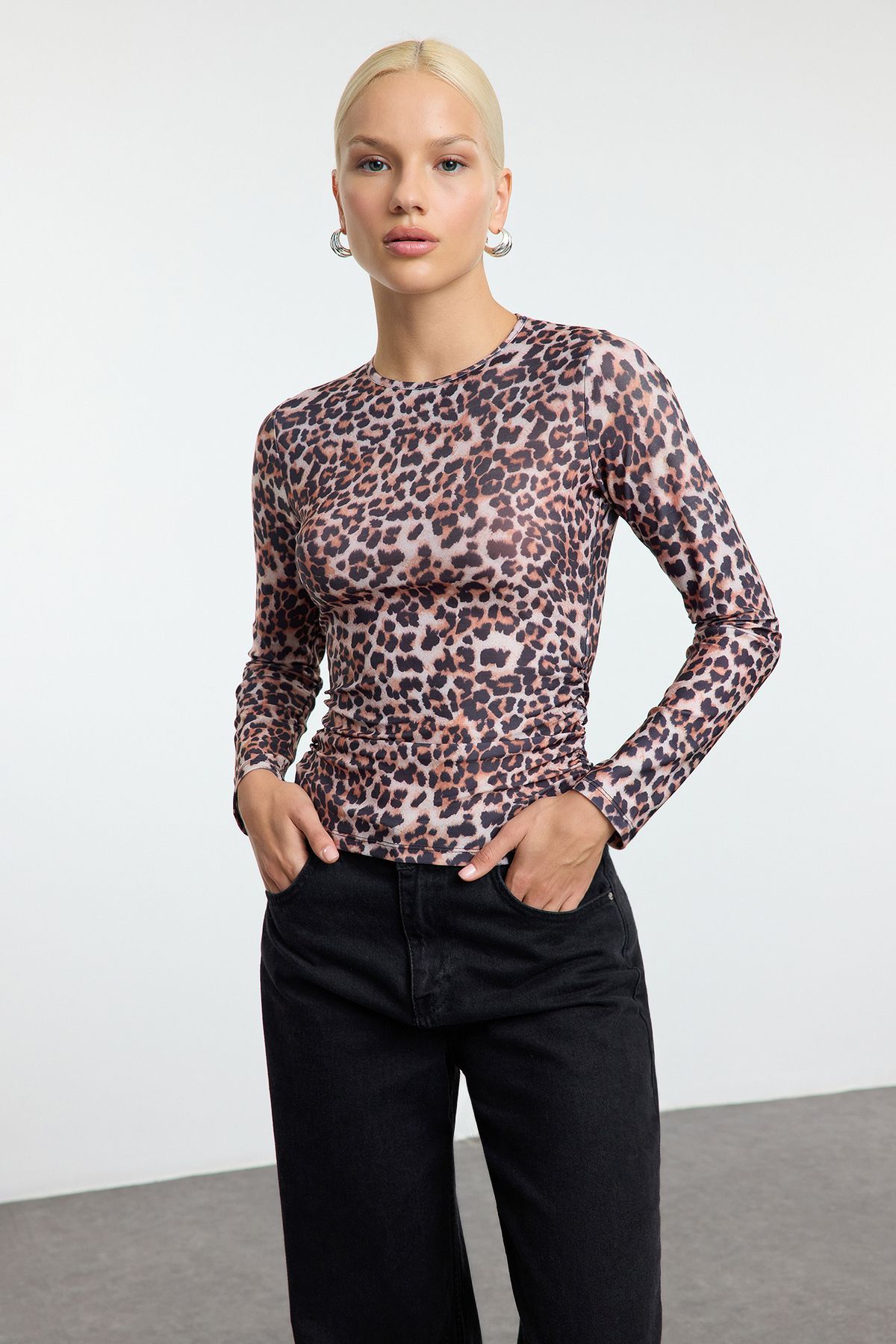 Trendyol Collection-Leopard Print Drape Knitted Blouse - Colorful, Fitted, Drawstring Detailed Twoaw25bz00259 2