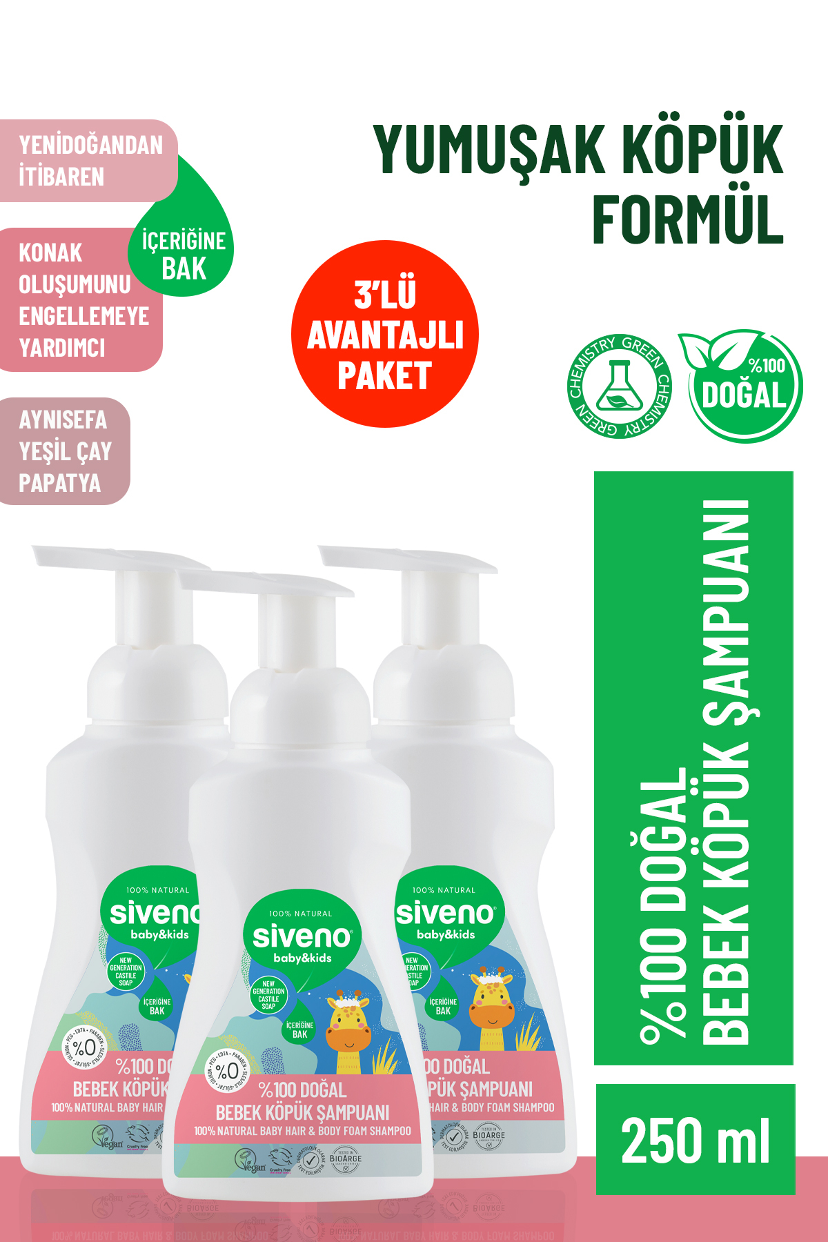 Siveno Bebek Köpük Şampuanı Doğal %100 250 ml 3