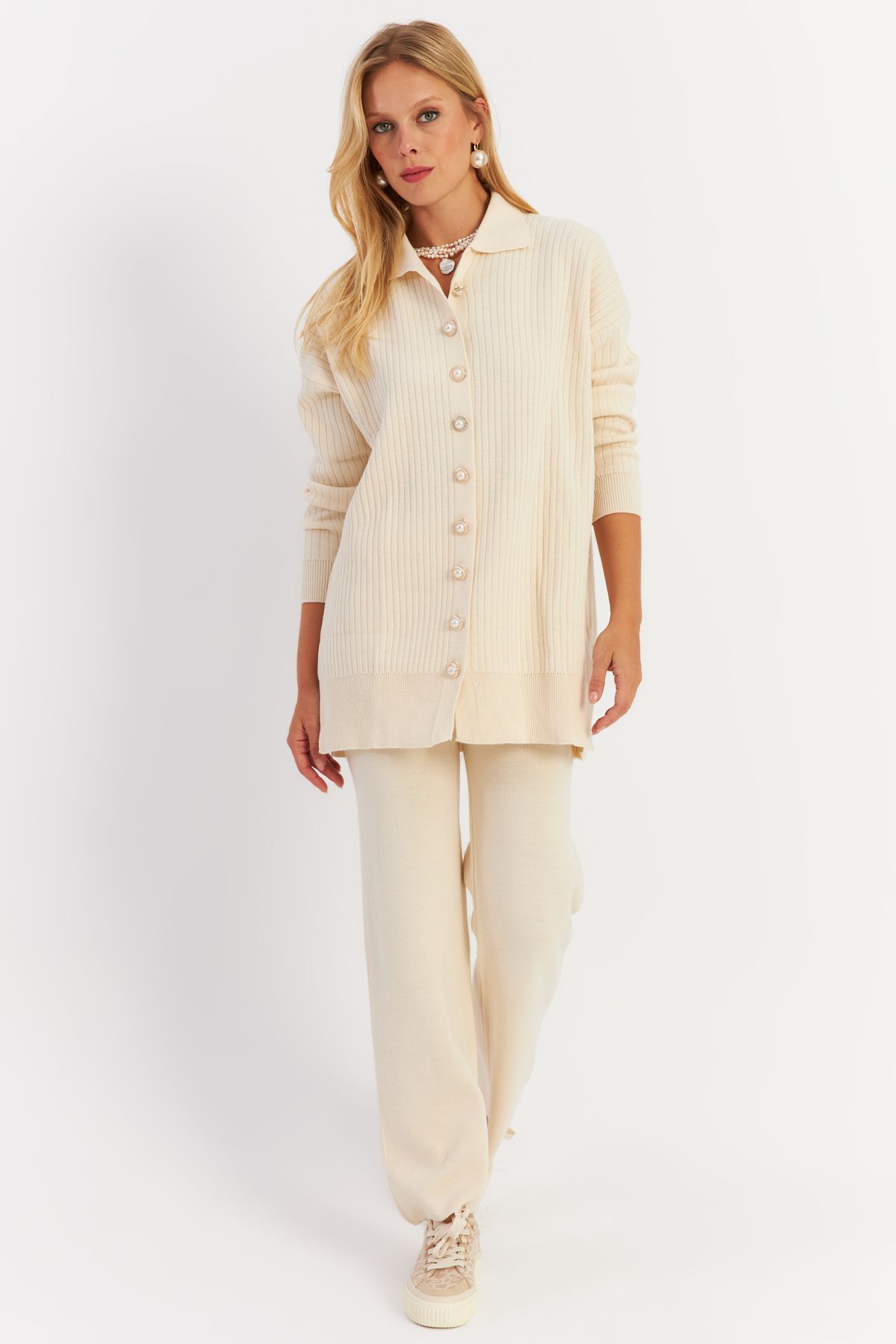 Cool & Sexy-Ecru Women's Knitwear Cardigan and Bottom Set - Pearl Buttoned Nuv26 3
