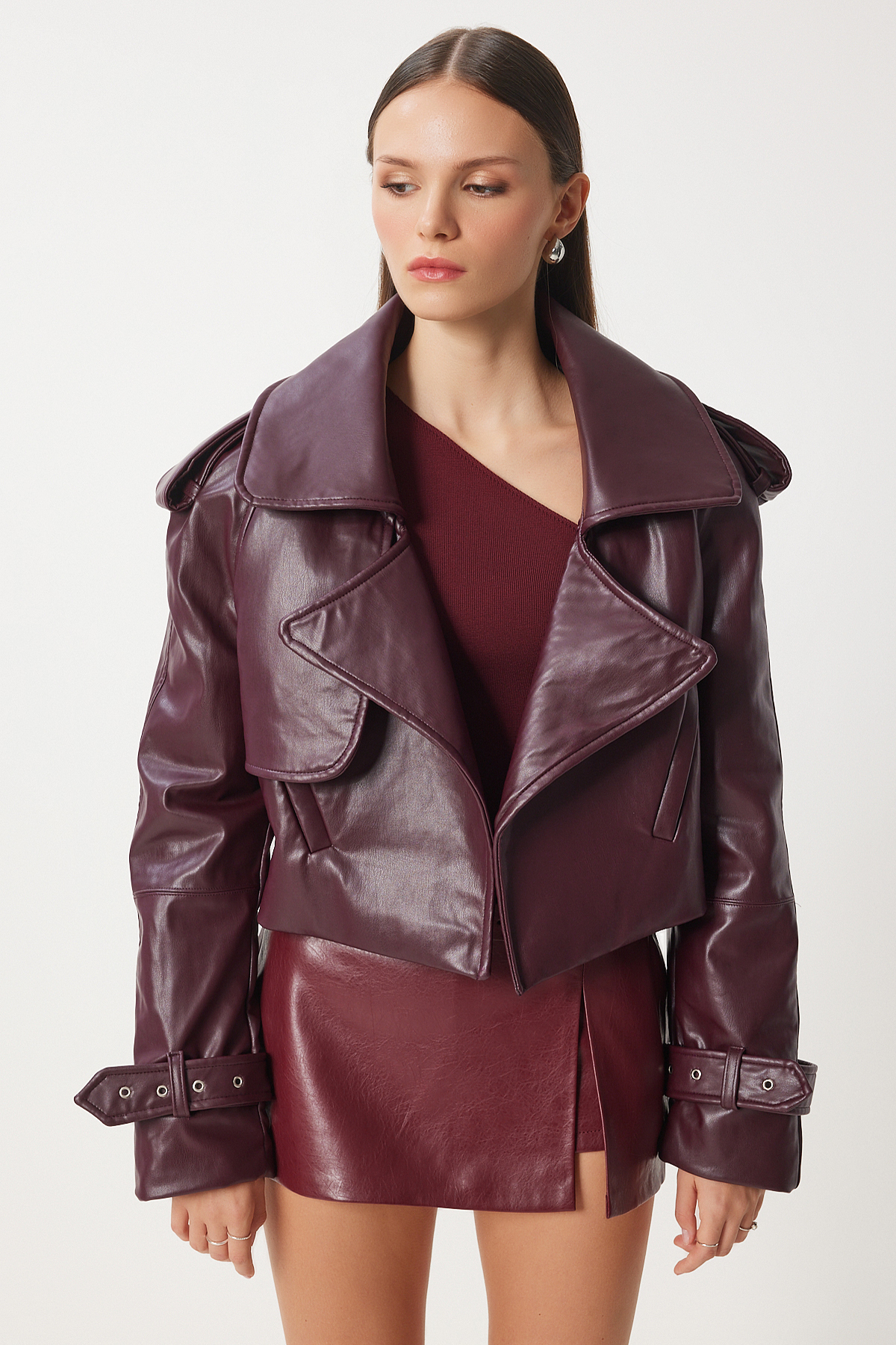 Happiness İstanbul Kurtka damska ze sztucznej skóry w kolorze claret red oversize - Oh00059