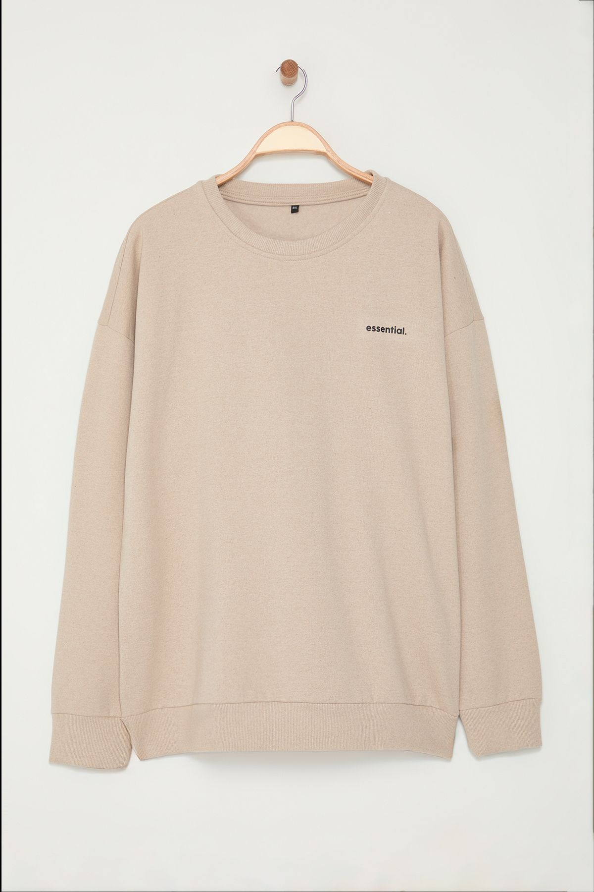 Trendyol Collection-Bluza beżowa w dużym rozmiarze - okrągły dekolt, polar, szeroki krój Tmnaw25Ao00053 6