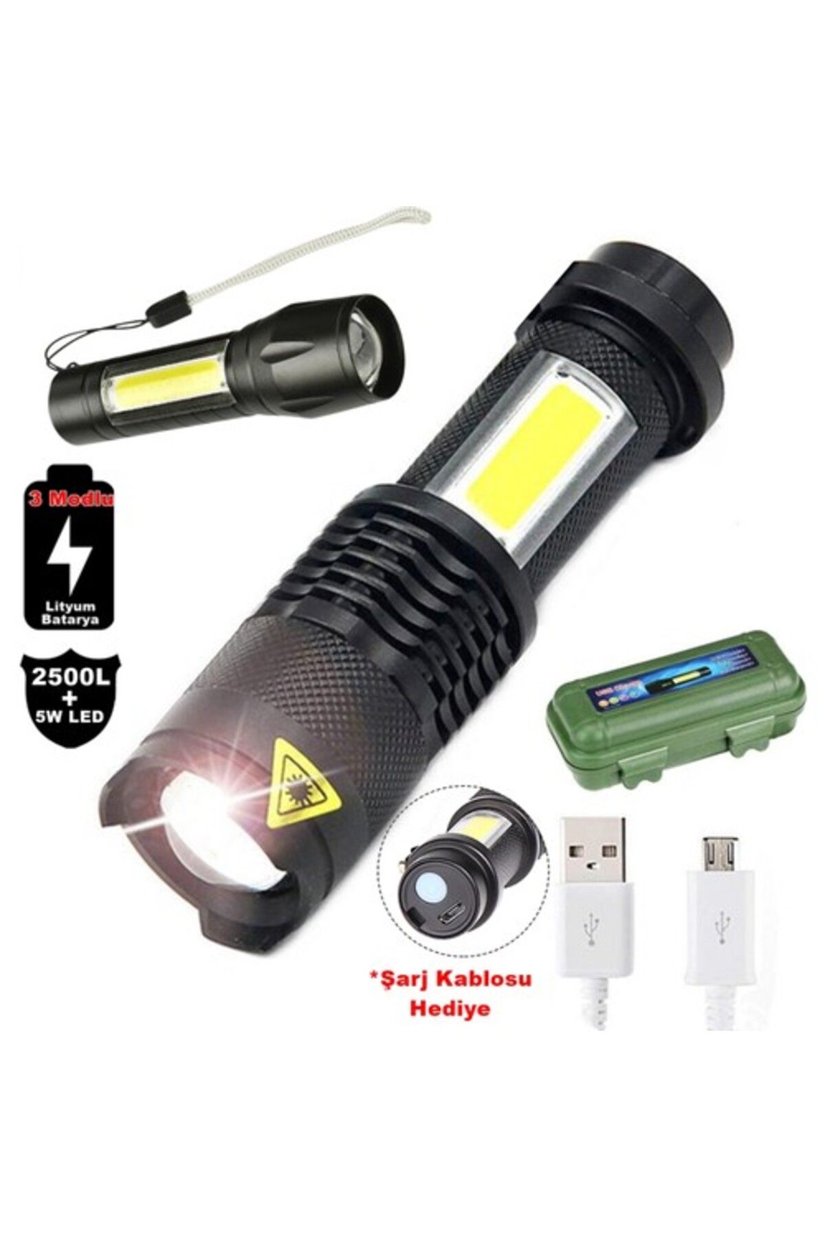 Albayrak 2500 Lumens + 5W COB LED USB Lion Şarjlı Ultra Güçlü Q5 XPE Su Geçirmez Şarjlı El Feneri (5064)