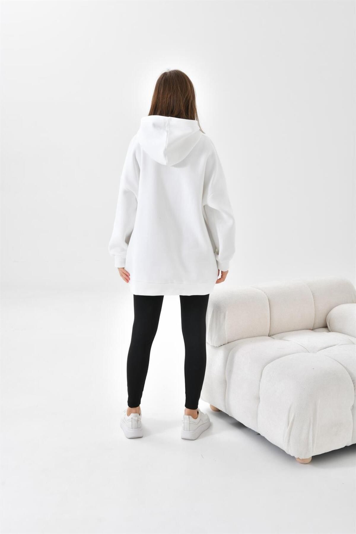 FTZ WOMEN-Kadın Oversize 3 Ip Şardonlu Kapüşonlu Sweatshirt Ekru 10000 7