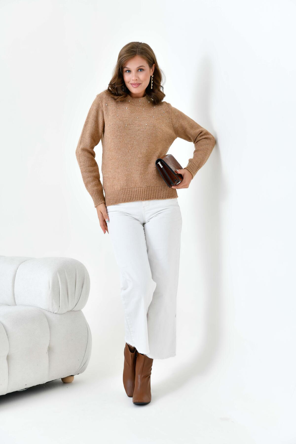 FTZ WOMEN  Kadın Boncuk İşlemeli Kazak Bisküvi 20741 - Görsel 6