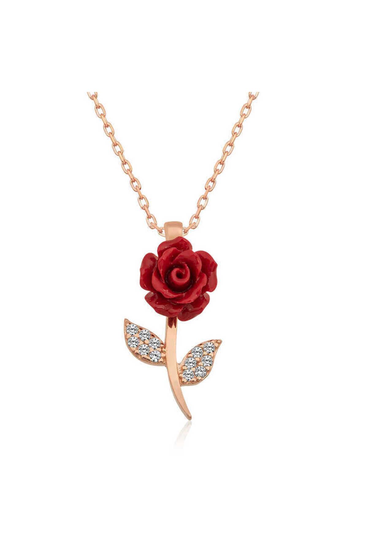 NİDAM BUTİK Gümüş Rose Kırmızı Gül Kolye