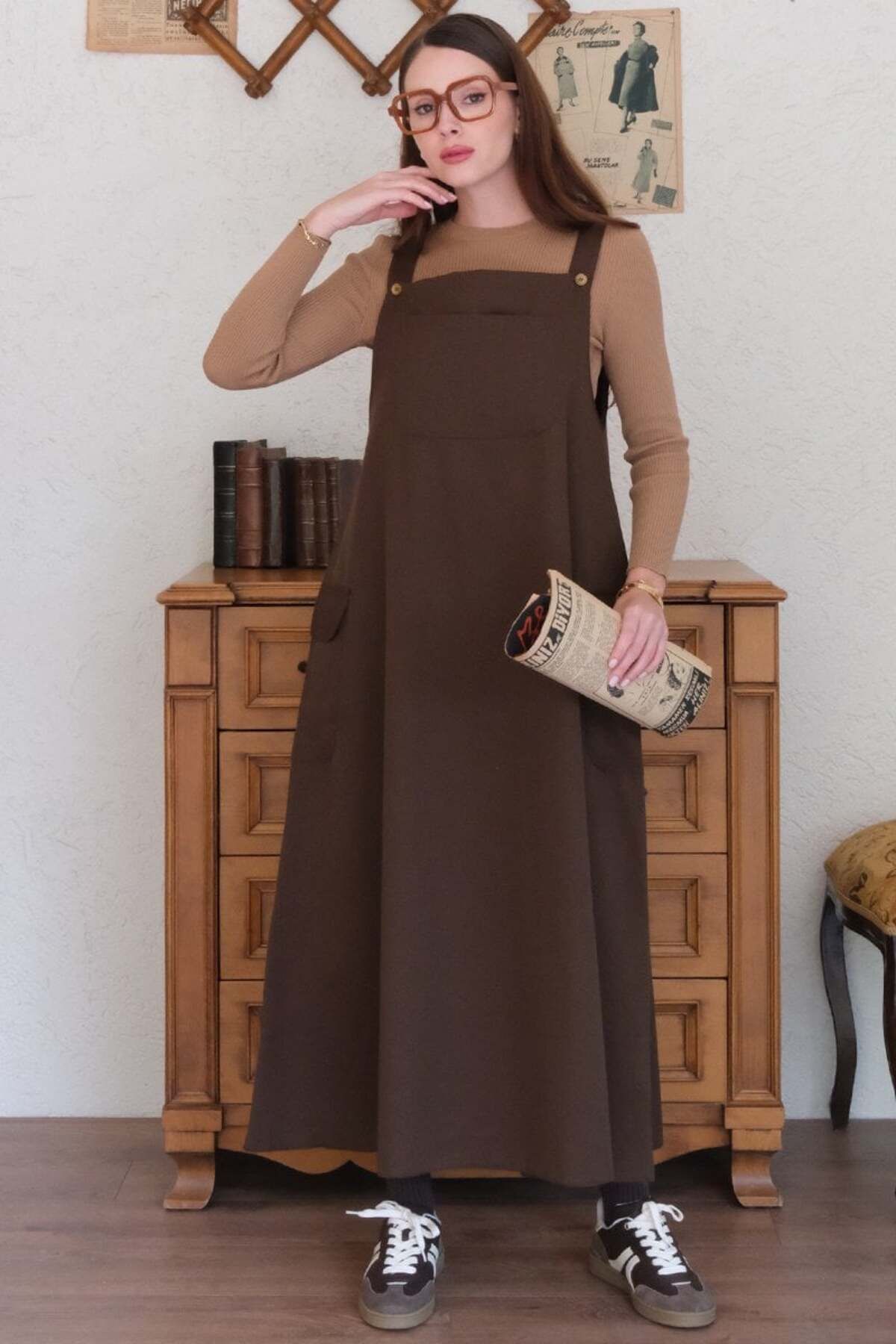 Ceylan Otantik-Chocolate Linen Skirt Salopet 3