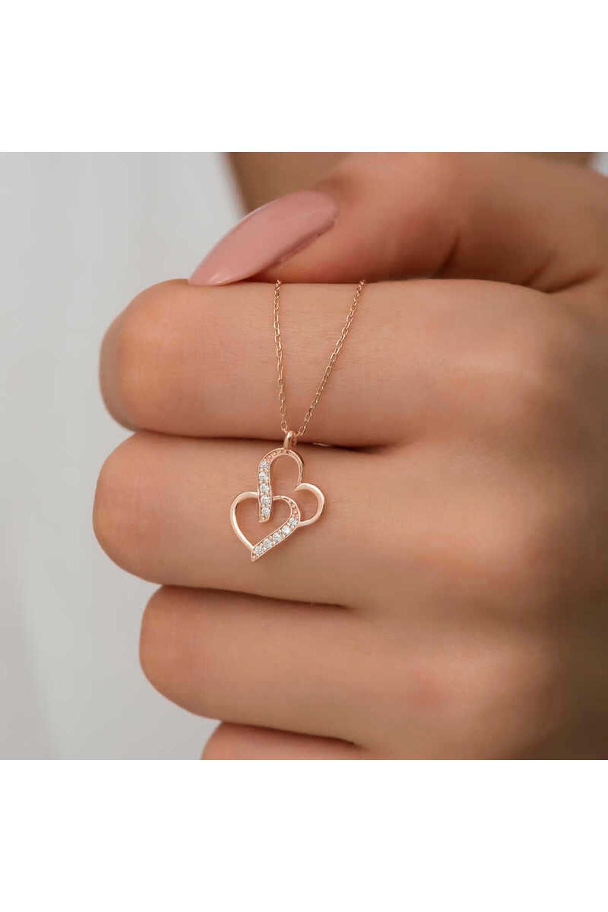 BAZAARİO 925 Ayar Gümüş Rose Birleşmiş Kalpler Kadın Gümüş Kolye