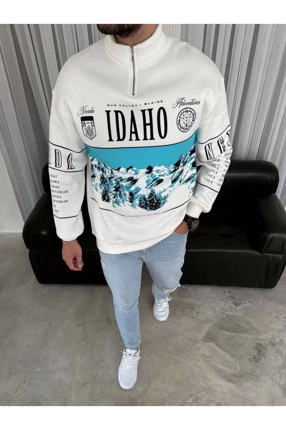 ONZEMU Erkek Yarım Fermuarlı Oversize Baskılı SweatShirt - Beyaz