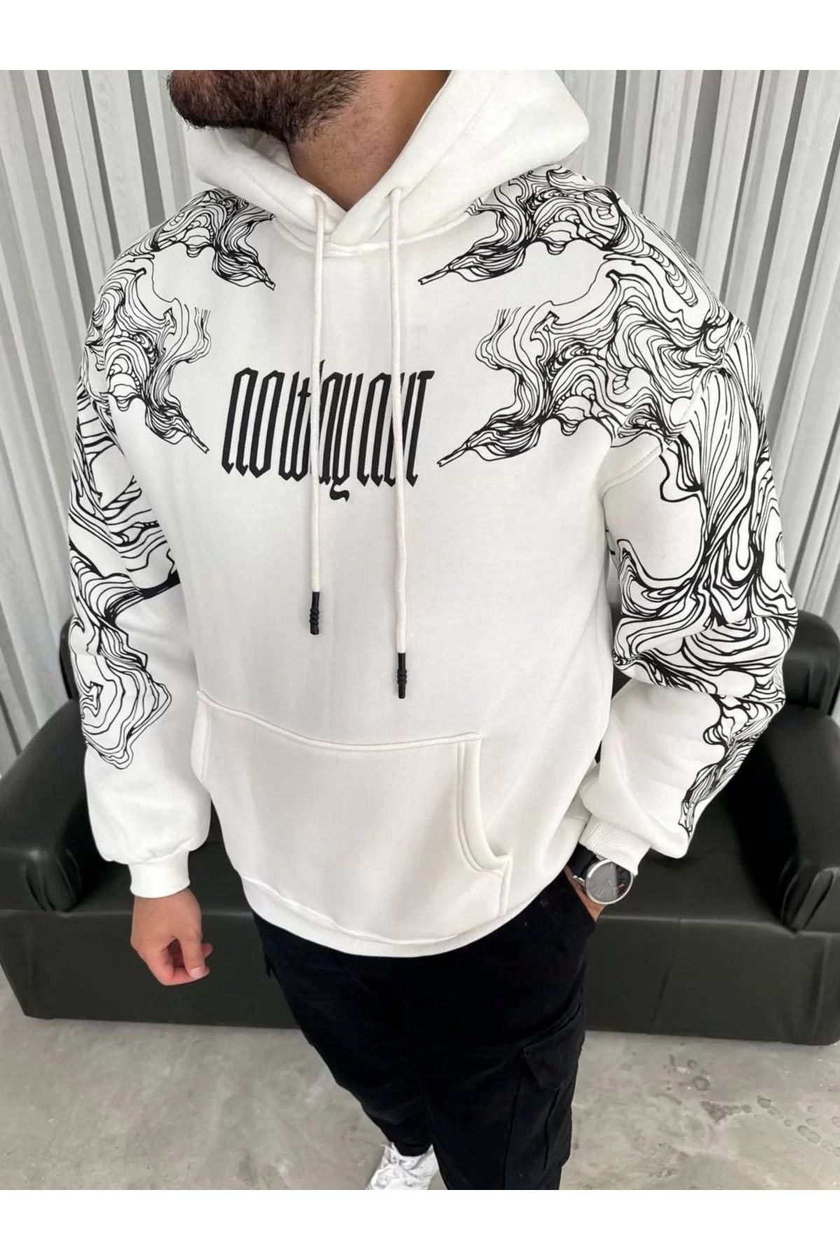 ONZEMU Kapşonlu  Baskılı SweatShirt - Beyaz