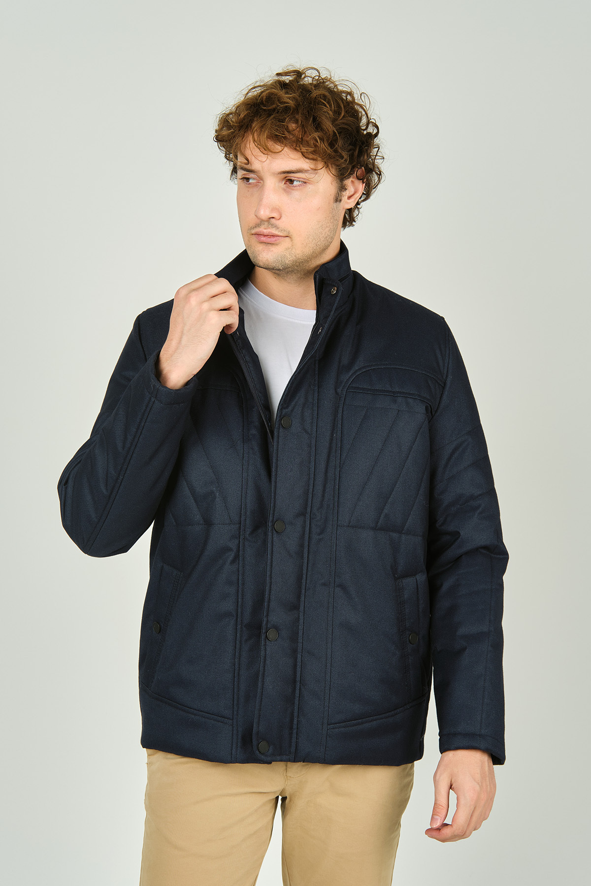 لوکاس کاپشن مردانه یقه ماندارین با زیپ و دکمه، کد ۴۷۸۴ سرمه‌ای