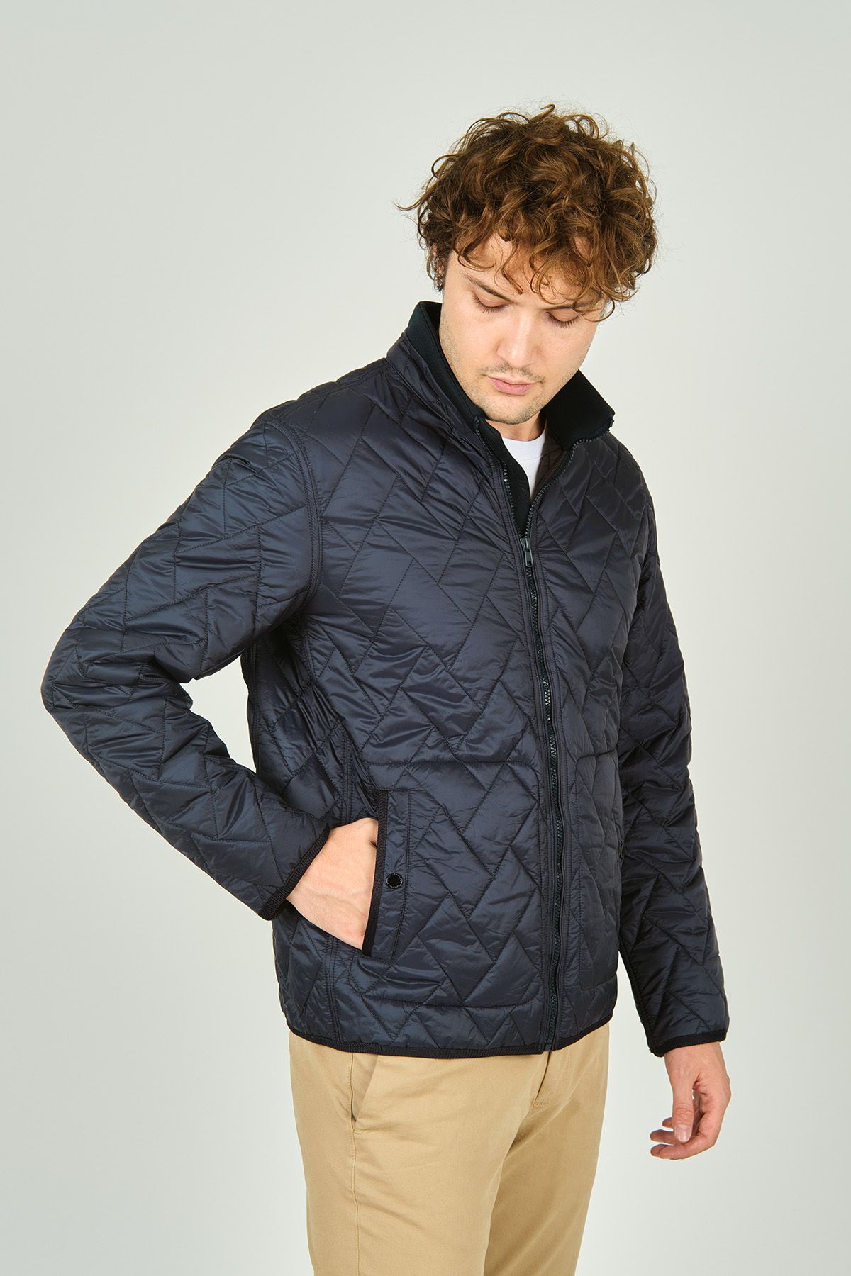 Allegro-Men's Stand Collar Zippered Pocket Detailed Quilted Coat 4355 Navy Blue 1