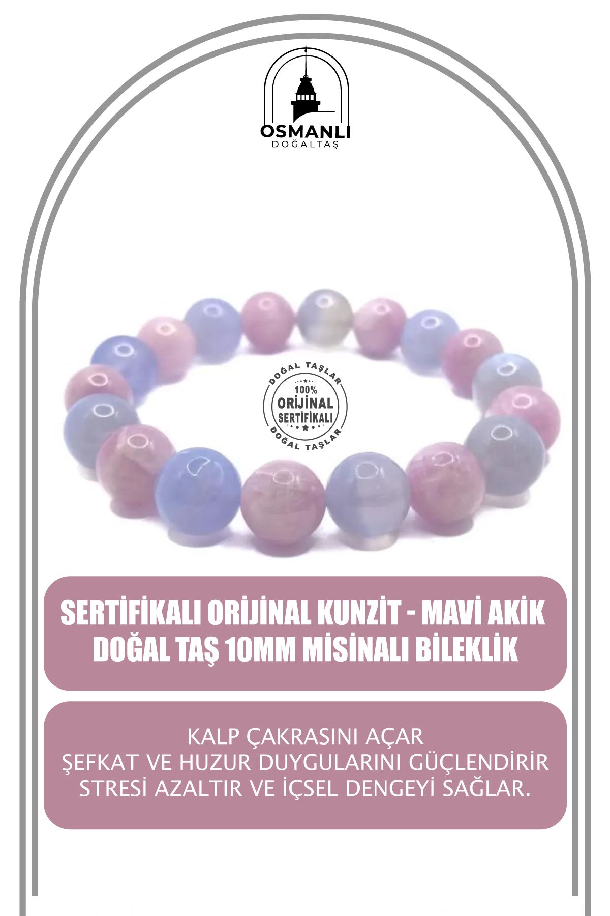 OSMANLI DOĞAL TAŞ-Genuine Original Kunzit - Blue Agate 10mm Line Bracelet 1