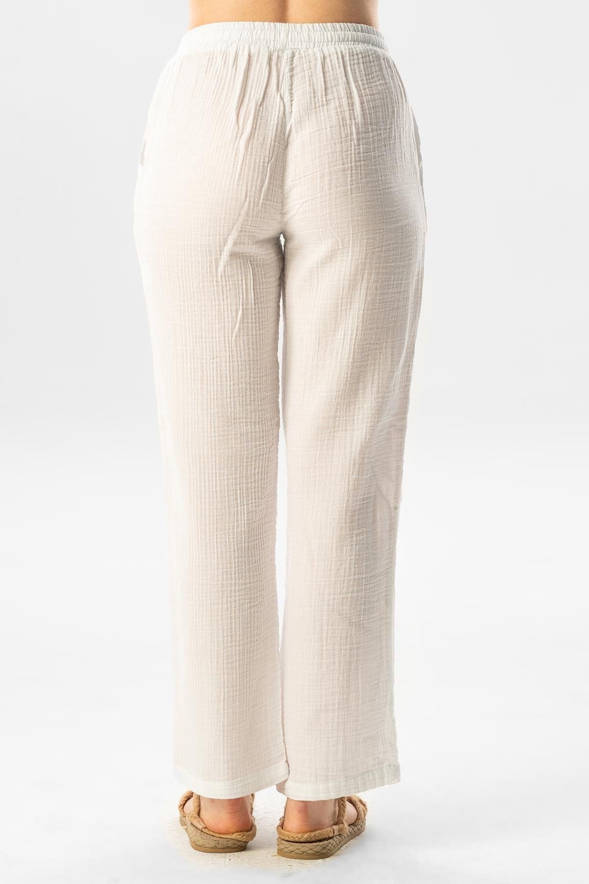 Eliş Şile Bezi-Γυναικείο καλοκαιρινό παντελόνι Muslin Waist Laced Double Pocket White Byz 3